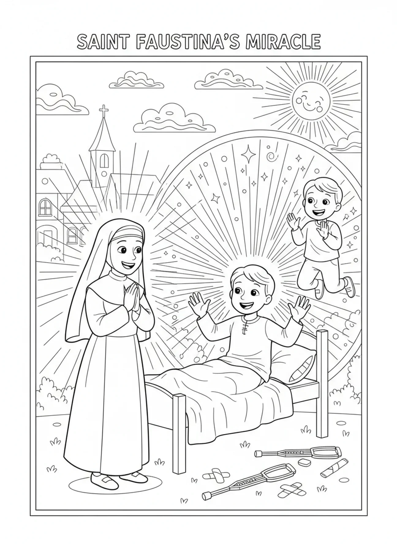 Sainte Faustine témoignant d'un miracle, page à colorier Sainte Faustine pour les enfants de 5 à 10 ans