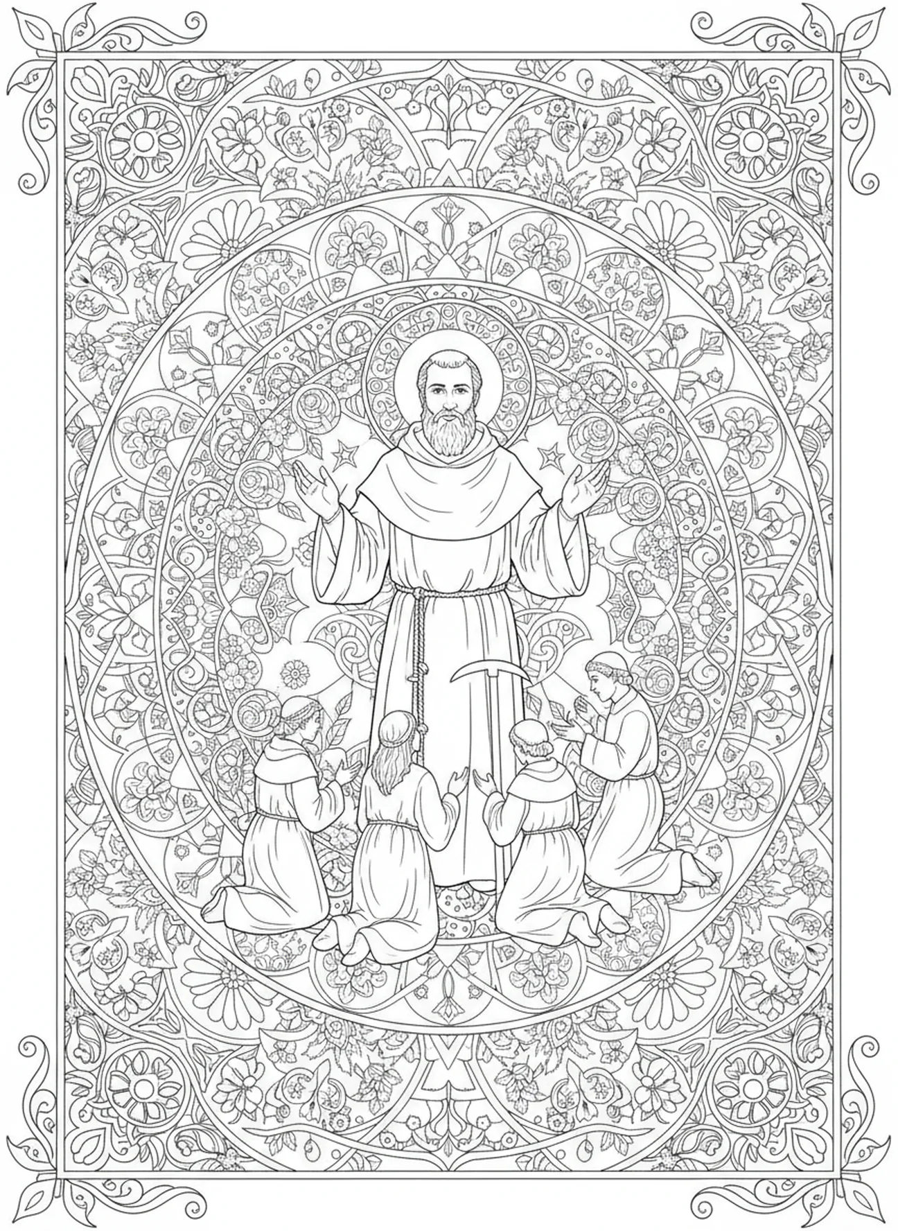 San Fiacro bendiciendo a la gente, página para colorear de San Fiacro estilo journaling bíblico para adultos