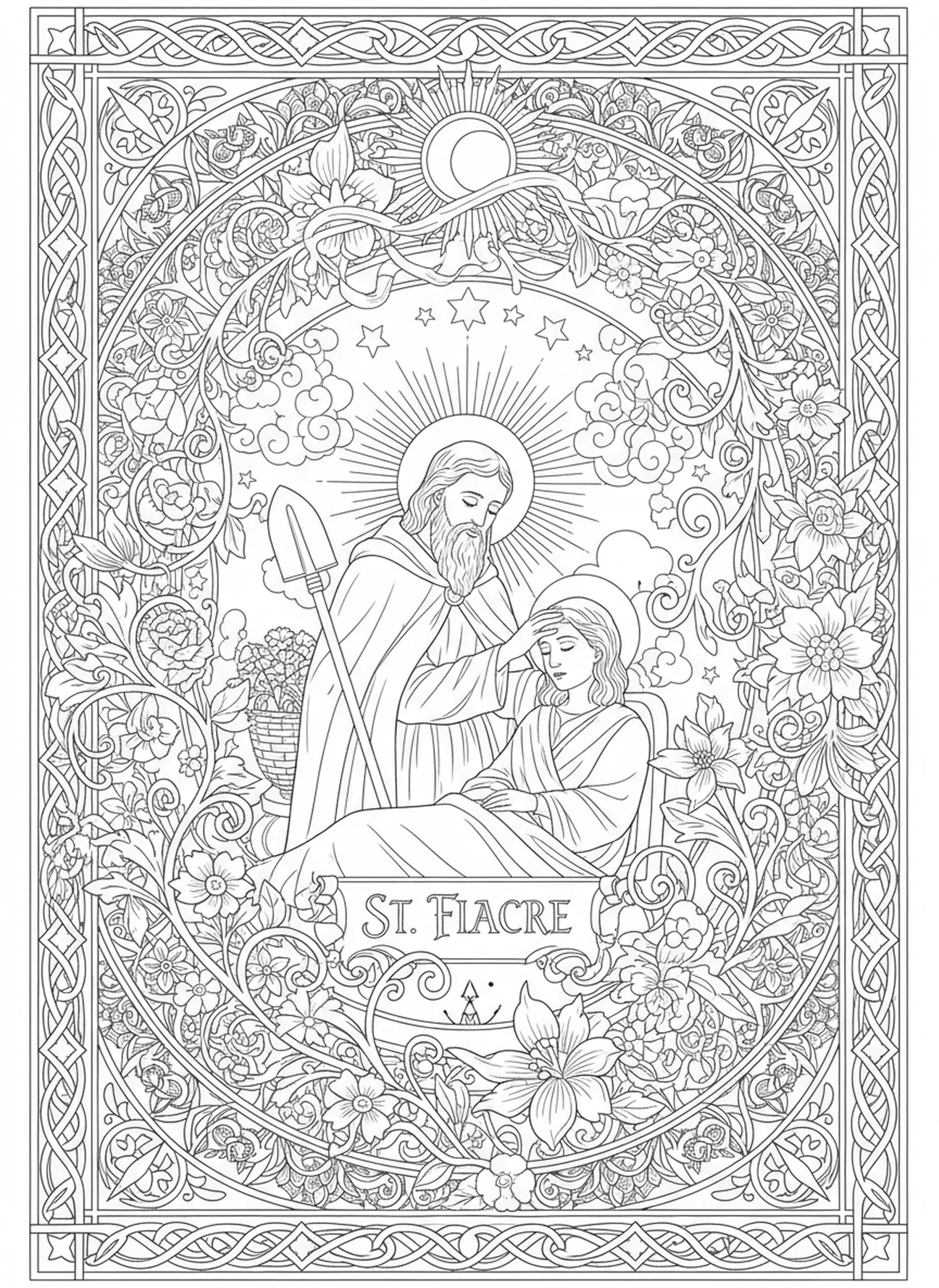 San Fiacro sanando, página para colorear de San Fiacro estilo journaling bíblico para adultos