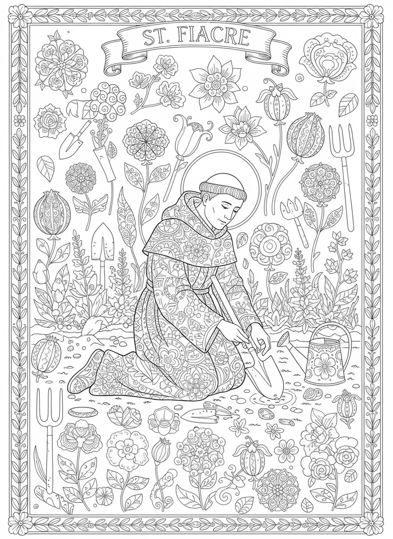 San Fiacre sembrando semillas, página para colorear de San Fiacre estilo Biblia para adultos