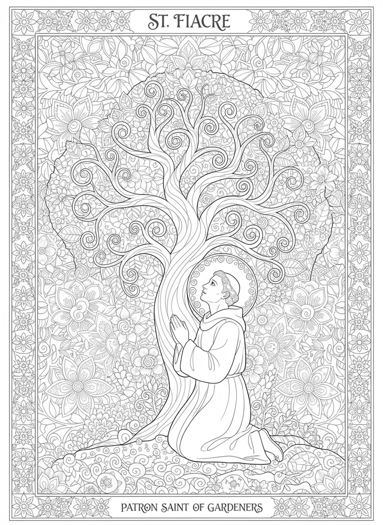 San Fiacro orando, página para colorear de San Fiacro estilo Biblia para adultos
