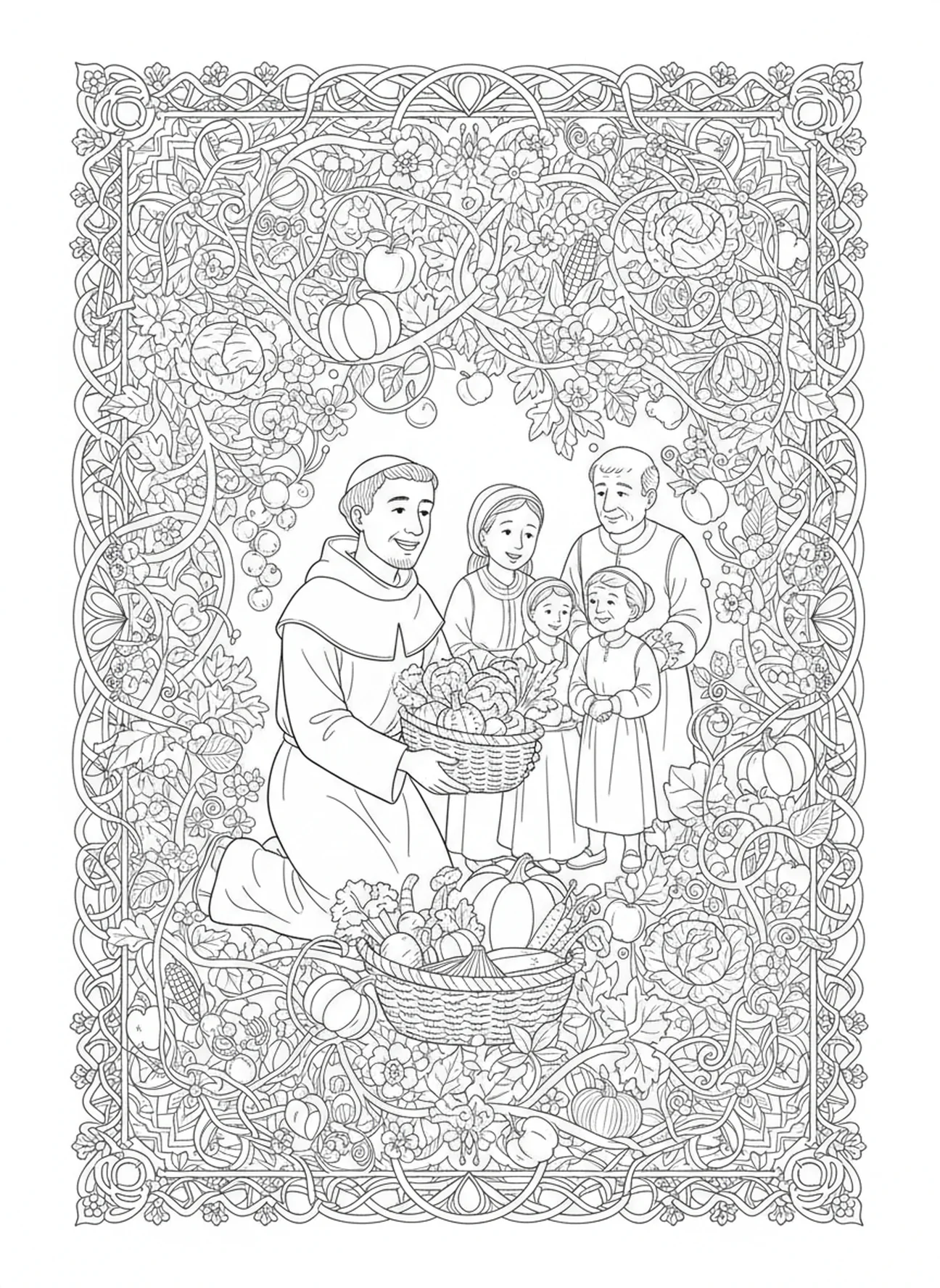 San Fiacre compartiendo la cosecha, página para colorear de San Fiacre estilo journaling bíblico para adultos