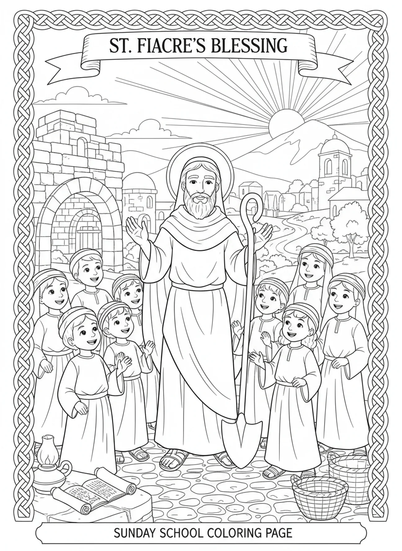 Der heilige Fiacre segnet die Dorfbewohner, Ausmalbild des heiligen Fiacre für Kinder in der Sonntagsschule im Alter von 5-12 Jahren.