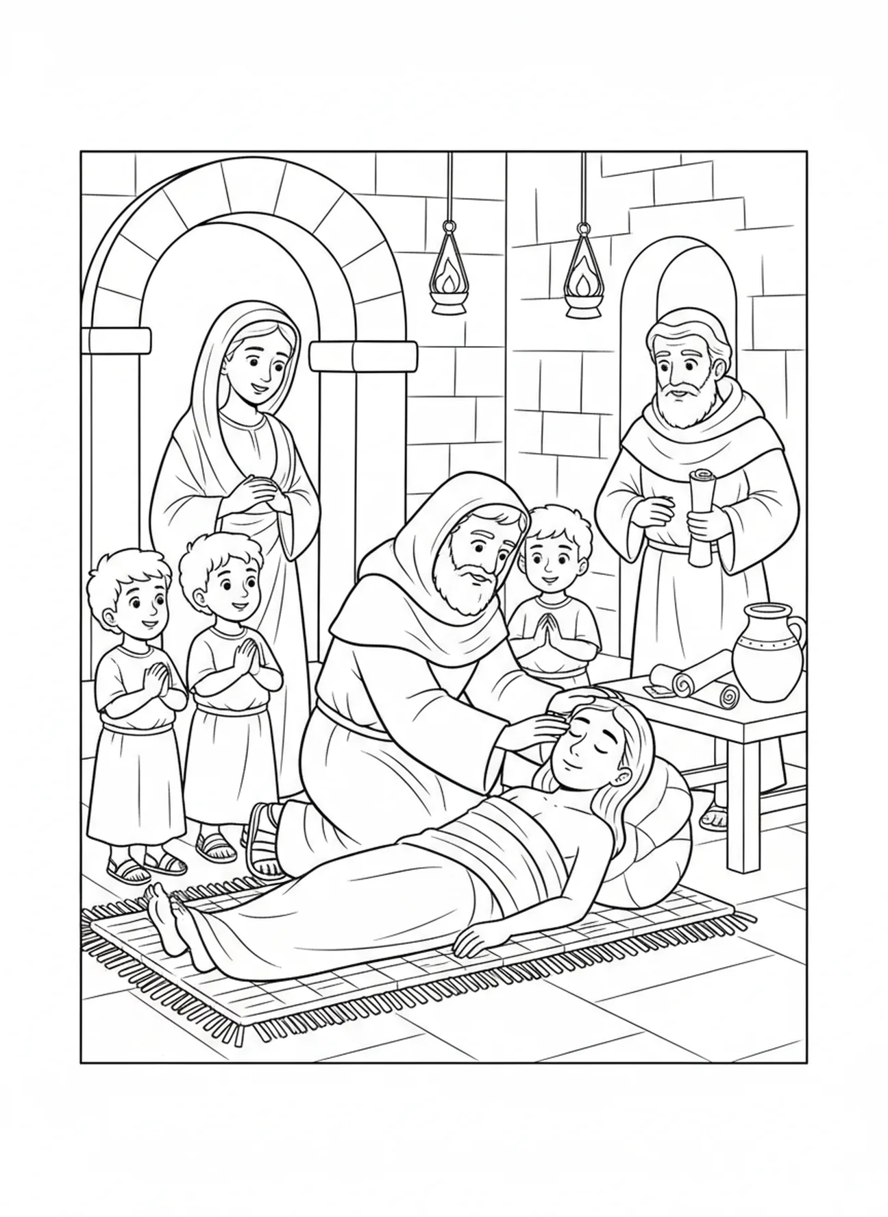 Der heilige Fiacre heilt eine kranke Person, Ausmalbild des heiligen Fiacre für Kinder im Religionsunterricht im Alter von 5-12 Jahren.