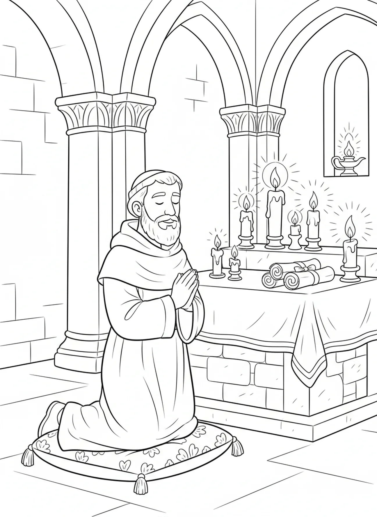 Der heilige Fiacre kniet im Gebet an einem Altar, Malvorlage für Kinder in der Sonntagsschule im Alter von 5-12 Jahren.