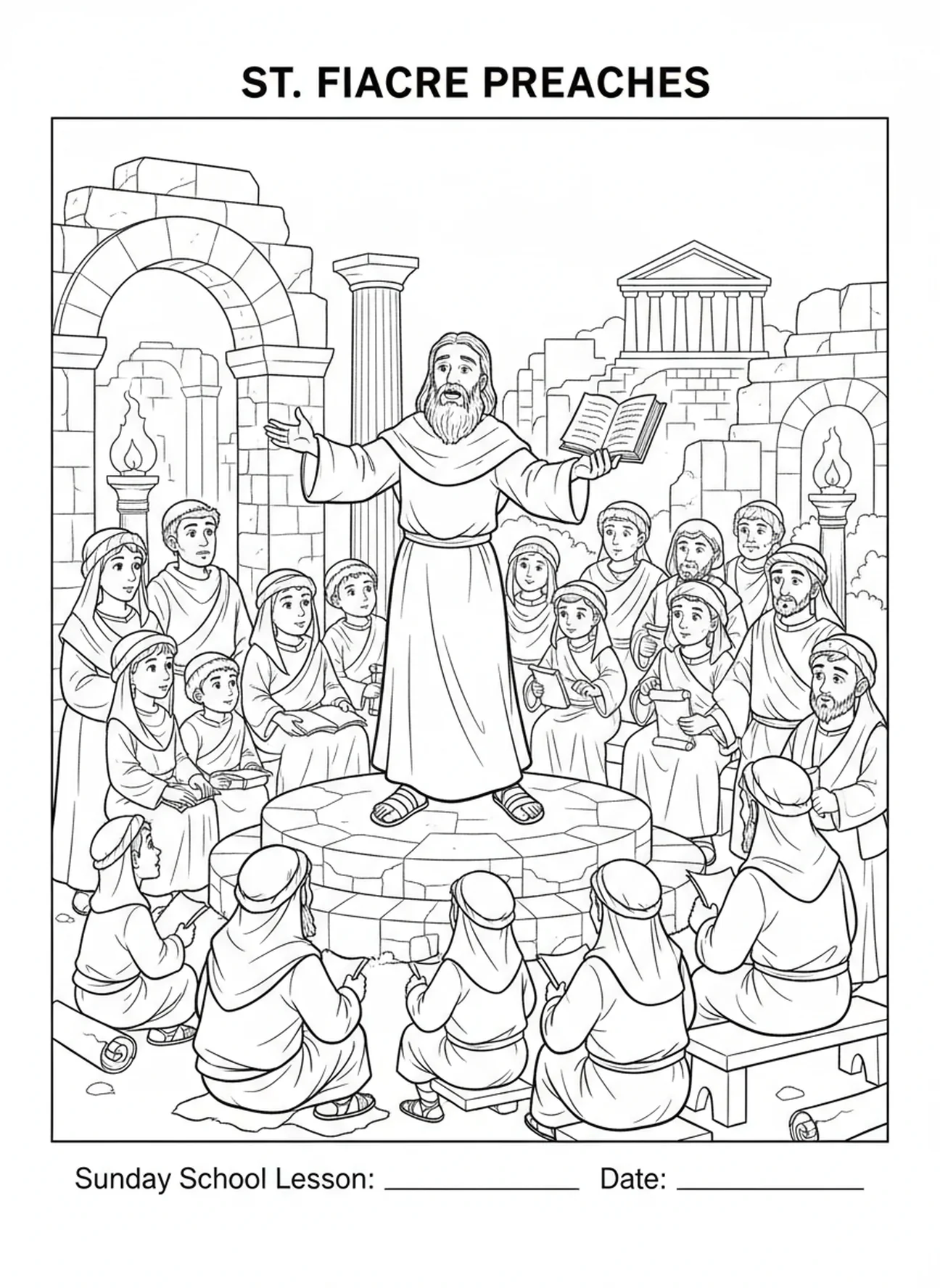 Der heilige Fiacre predigt zu einer Menge, Ausmalbild des heiligen Fiacre für Kinder im Religionsunterricht im Alter von 5-12 Jahren.
