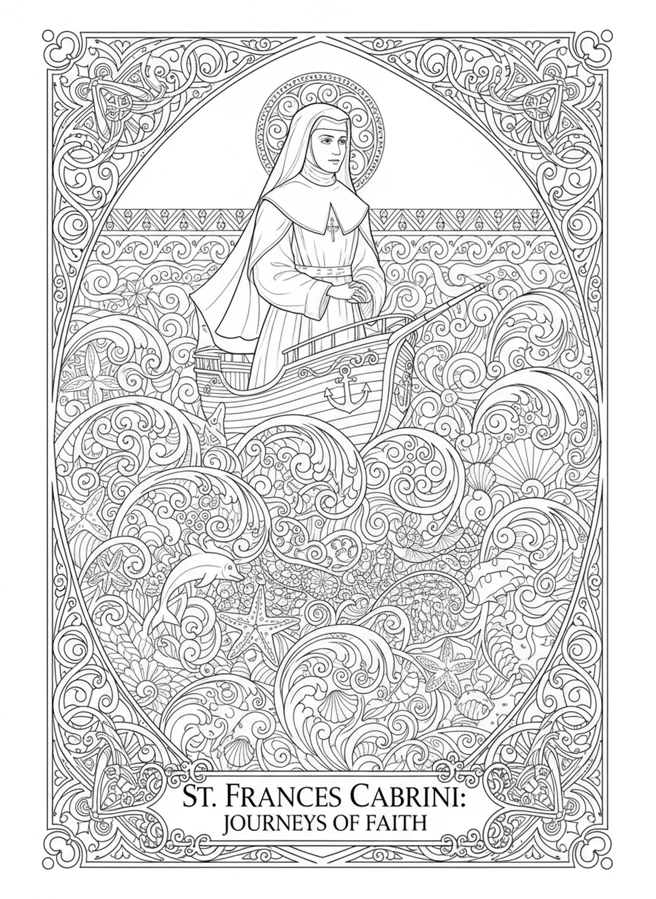 Santa Francisca Cabrini a bordo de un barco en el mar, página para colorear de Santa Francisca Cabrini para adultos en estilo de journaling bíblico