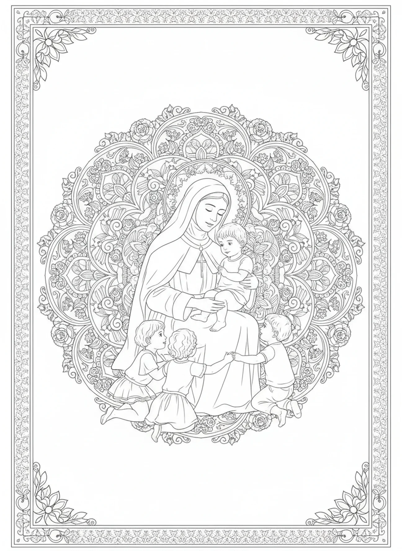 Santa Francisca Cabrini ayudando a niños, página para colorear de Santa Francisca Cabrini en estilo de journaling bíblico para adultos