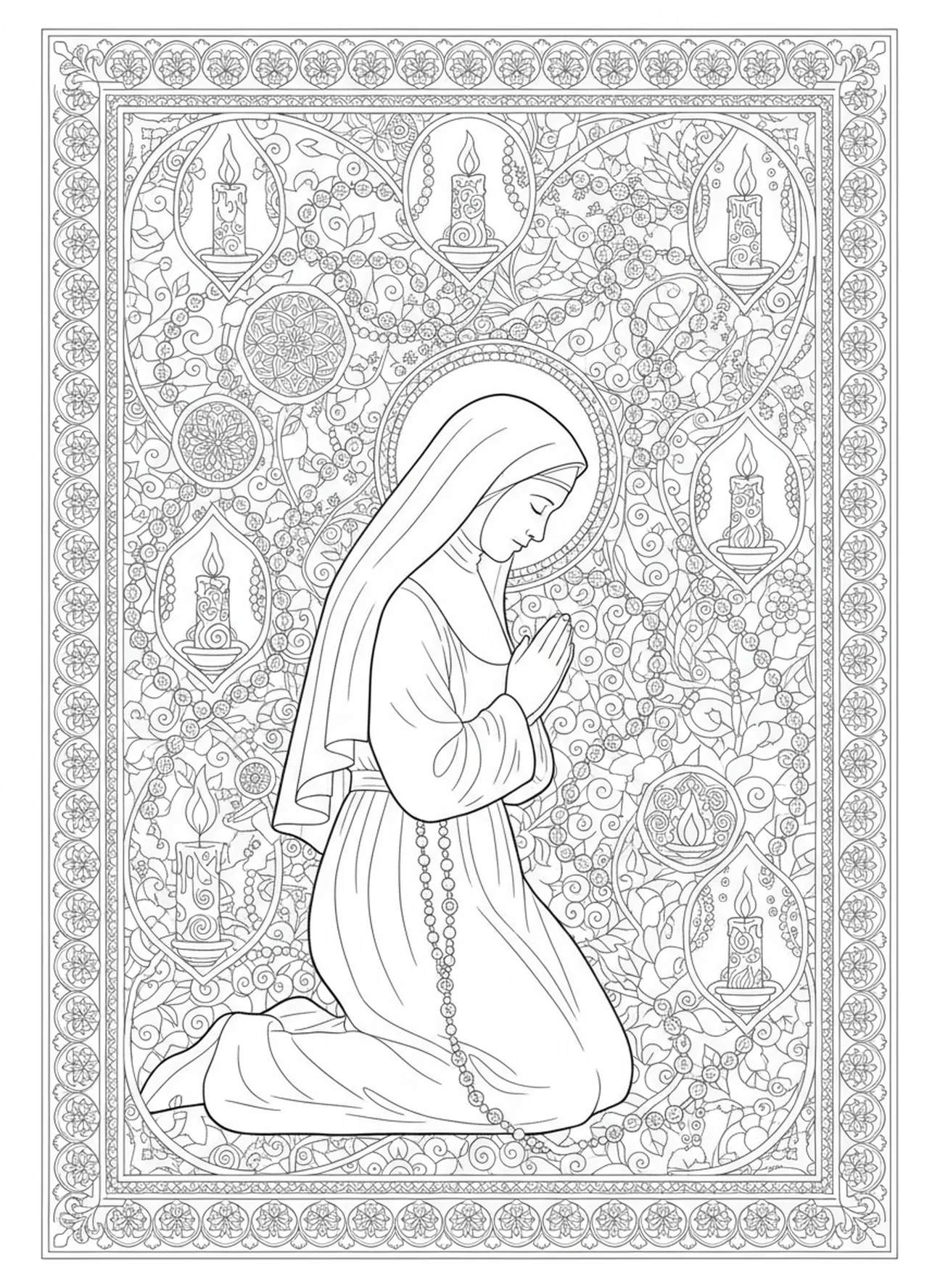 Santa Francisca Cabrini arrodillada en oración, página para colorear de Santa Francisca Cabrini estilo diario bíblico para adultos