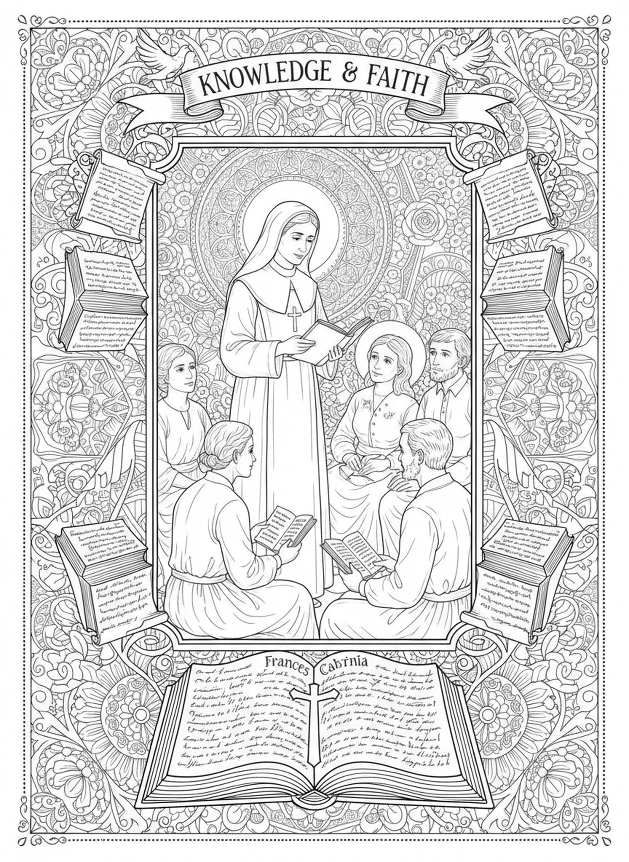 Santa Francisca Cabrini enseñando a adultos, página para colorear de Santa Francisca Cabrini en estilo de journaling bíblico para adultos