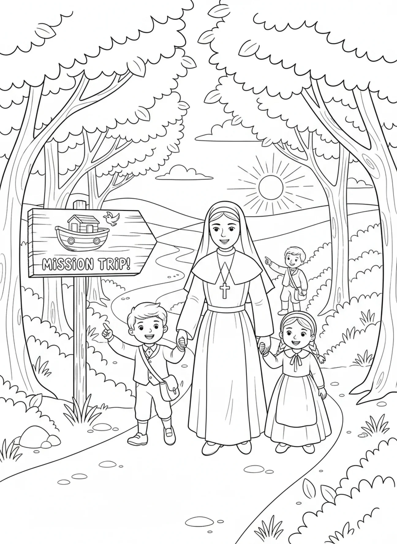 Die Heilige Francesca Cabrini, die Kinder auf einer Mission leitet, Ausmalbild von St. Francesca Cabrini für Kinder im Alter von 5-10 Jahren