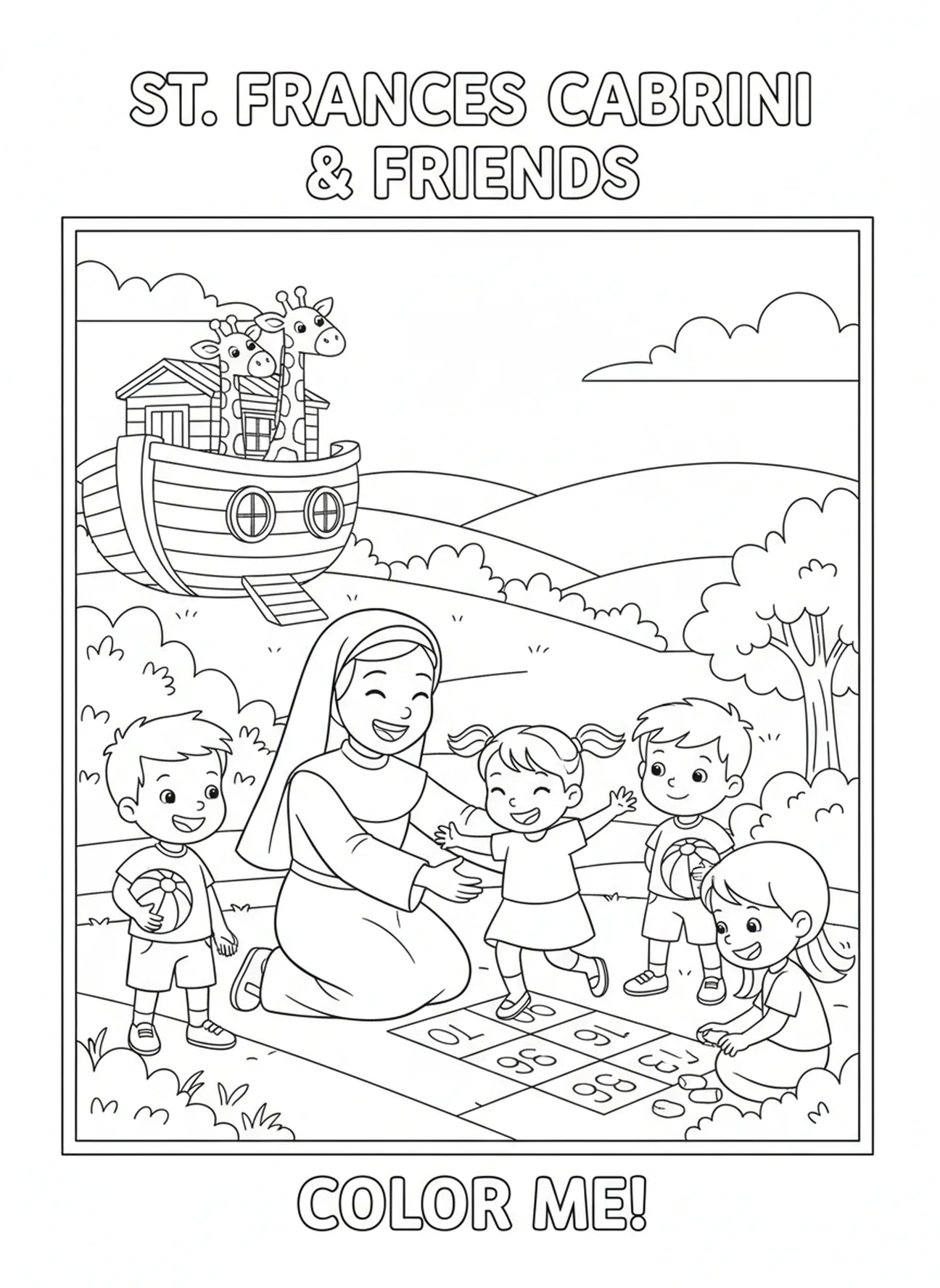 Die heilige Francesca Cabrini spielt Spiele mit Kindern, Ausmalbild der heiligen Francesca Cabrini für Kinder im Alter von 5-10 Jahren