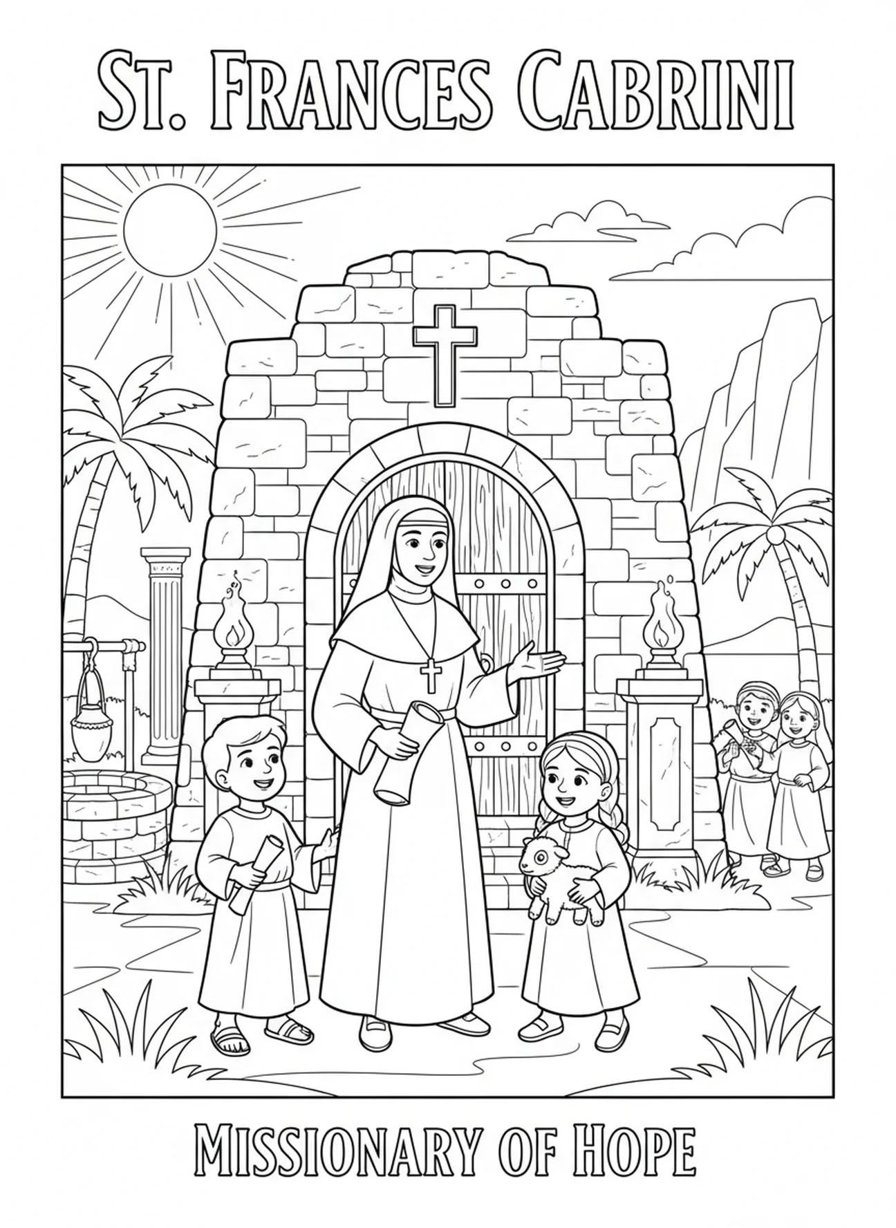 St. Franziska von Rom bei der Mission, Ausmalbild von St. Franziska für Sonntagsschulkinder im Alter von 5-12 Jahren.