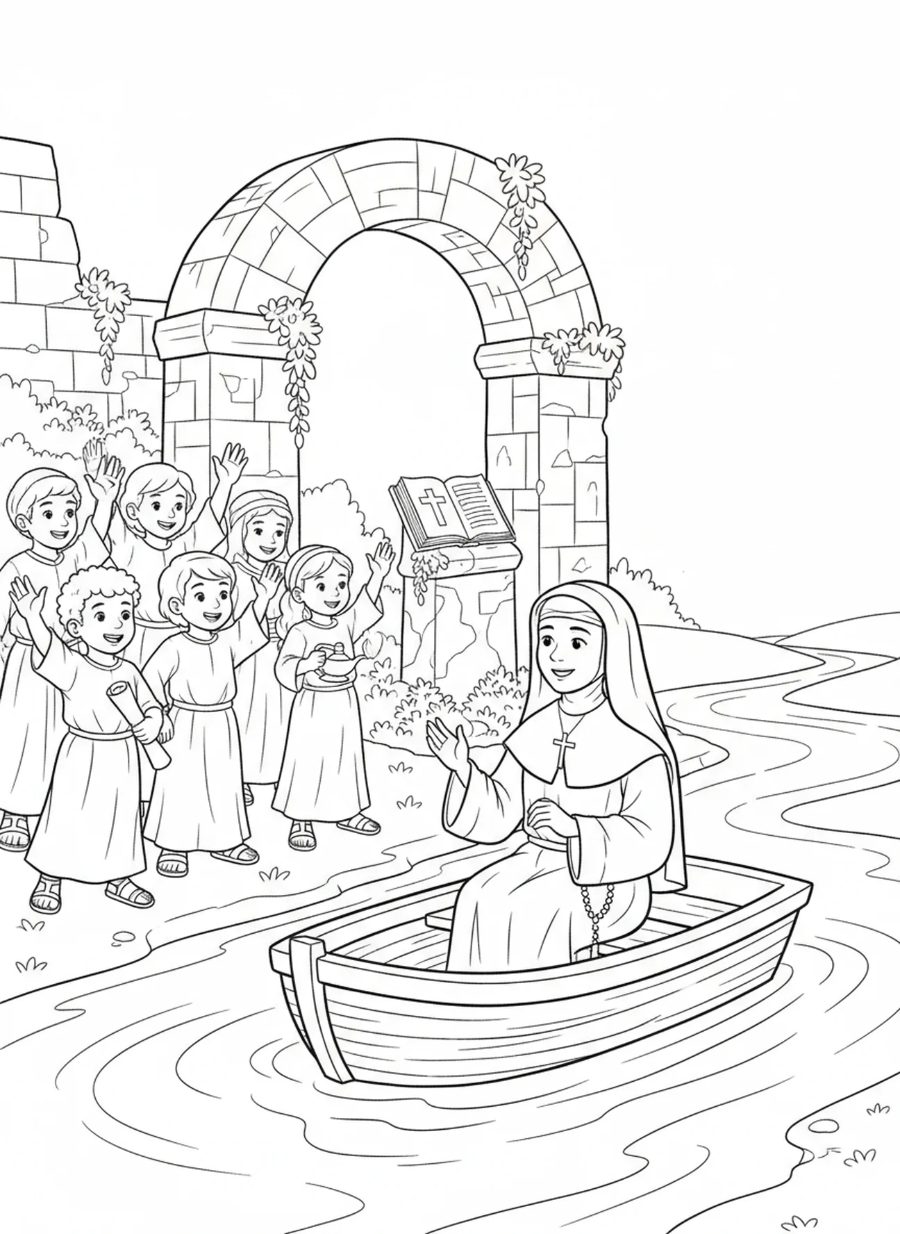 Die heilige Francesca Cabrini in einem Boot, Ausmalbild der heiligen Francesca Cabrini für Sonntagsschulkinder im Alter von 5-12 Jahren.