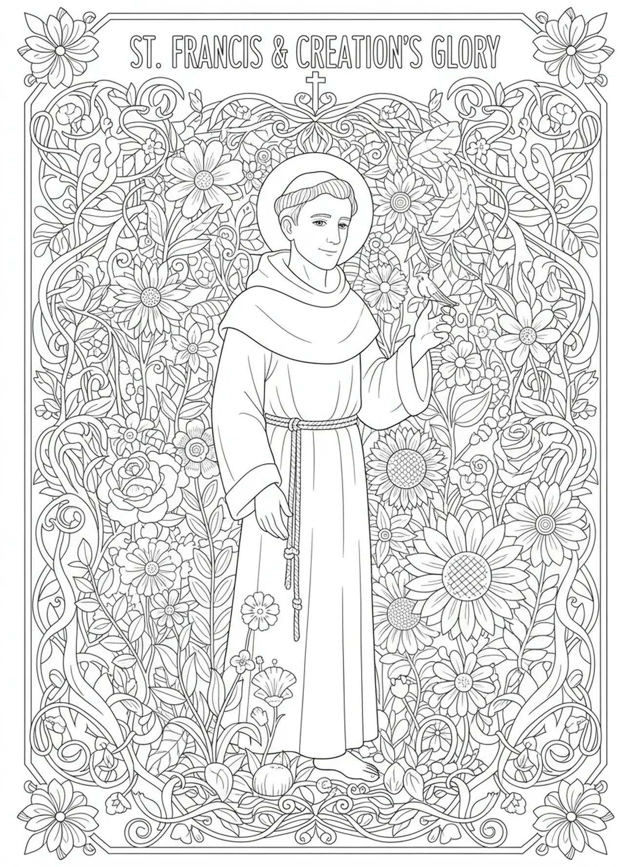 Saint François entouré de fleurs, page à colorier Saint François d'Assise pour adultes dans le style du journal biblique.