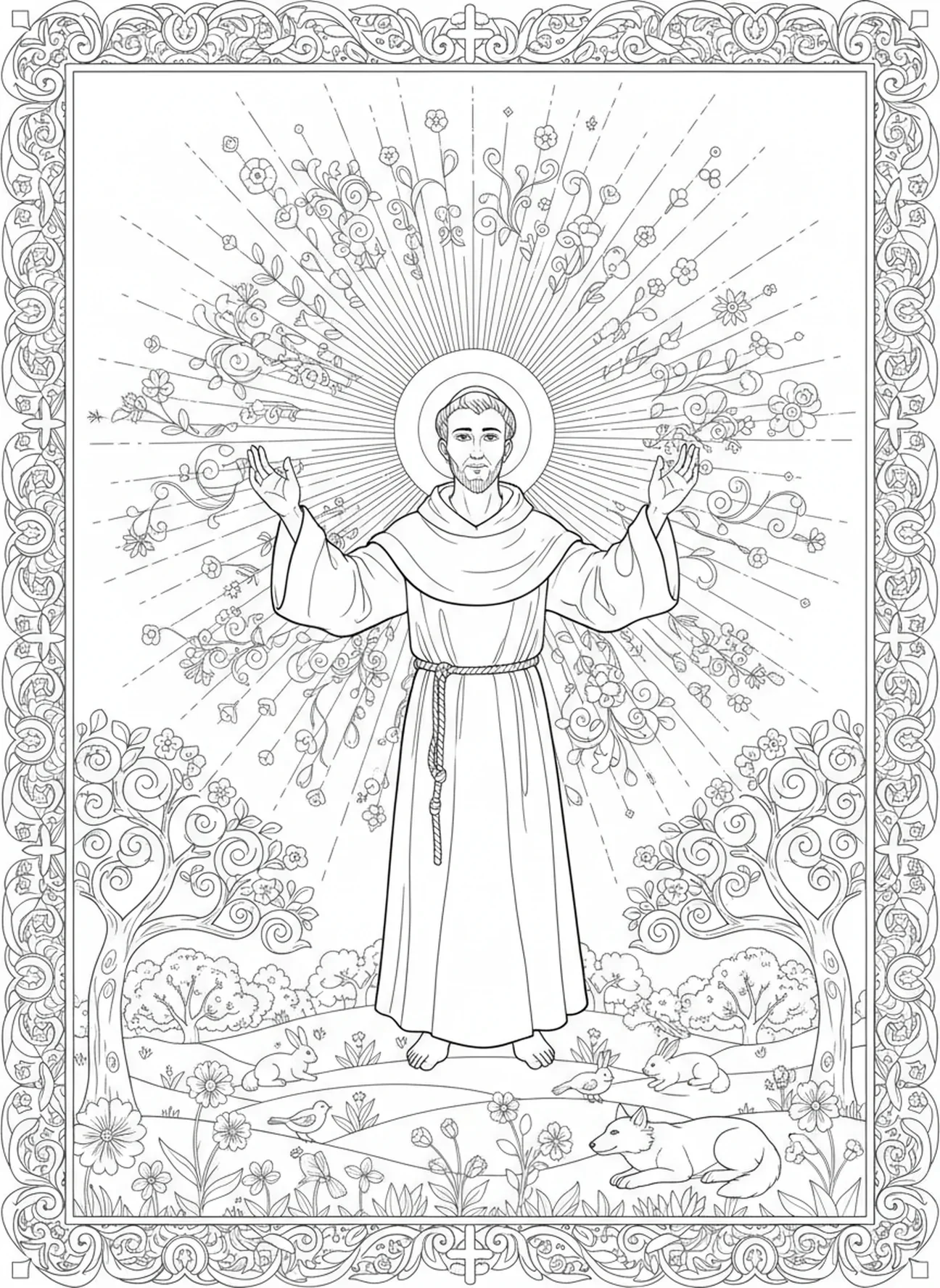 Saint François levant les bras vers le soleil, page à colorier Saint François d'Assise pour le style de journal biblique pour adultes.