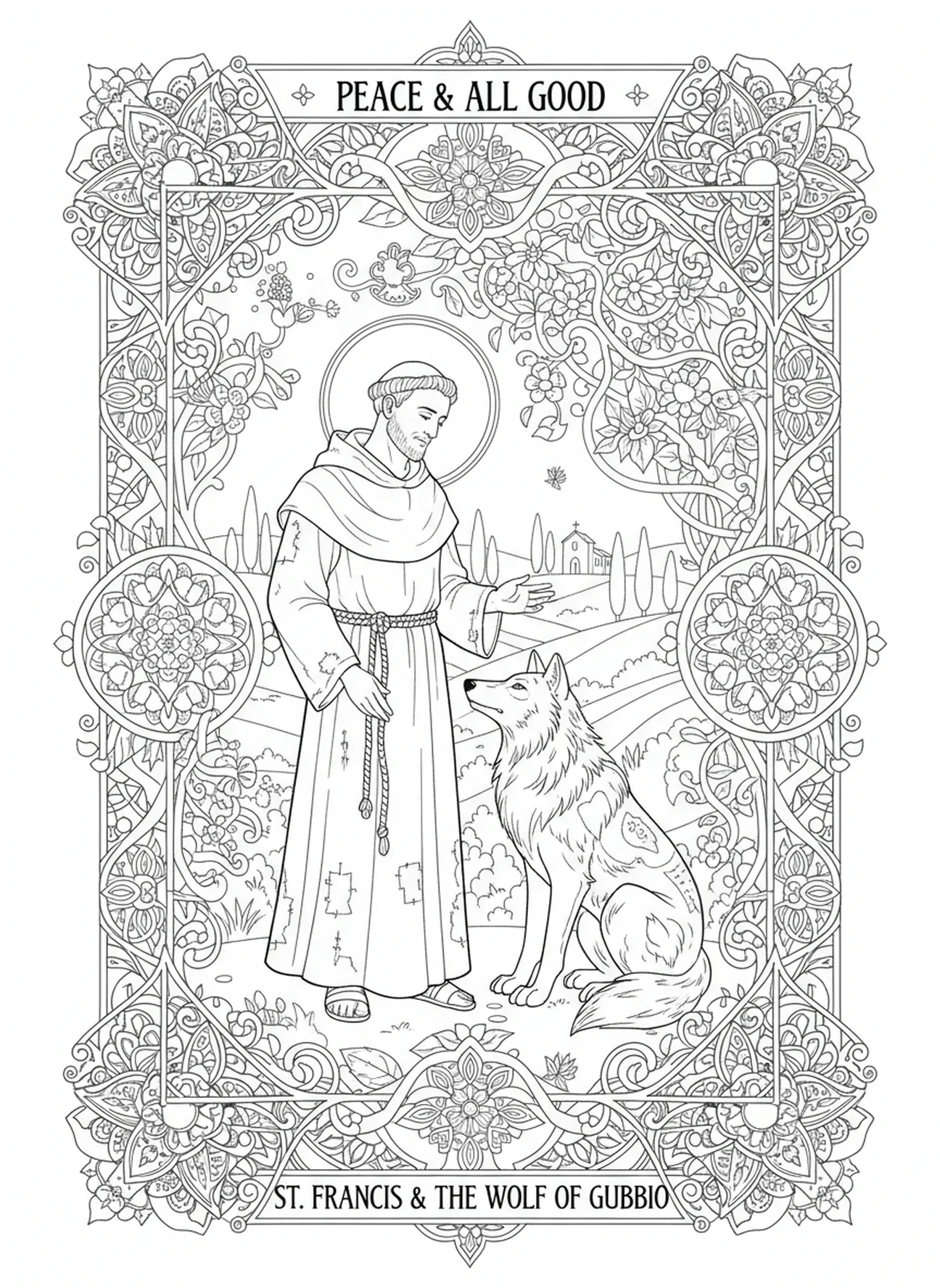 Saint François confrontant le loup, page à colorier Saint François d'Assise pour adultes dans un style de journal biblique.