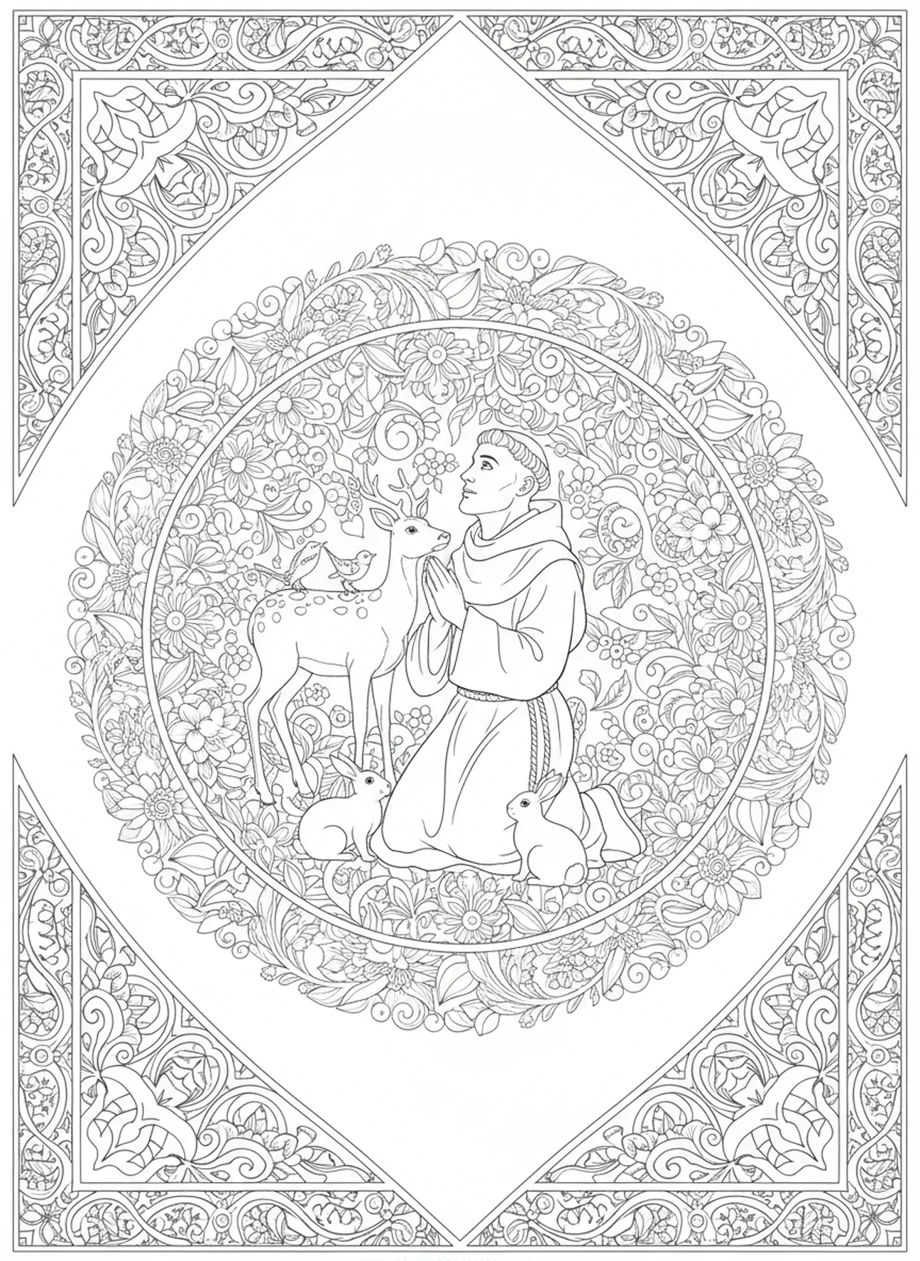 Saint François interagissant avec des animaux, page à colorier Saint François d'Assise pour adultes dans un style de journal biblique.
