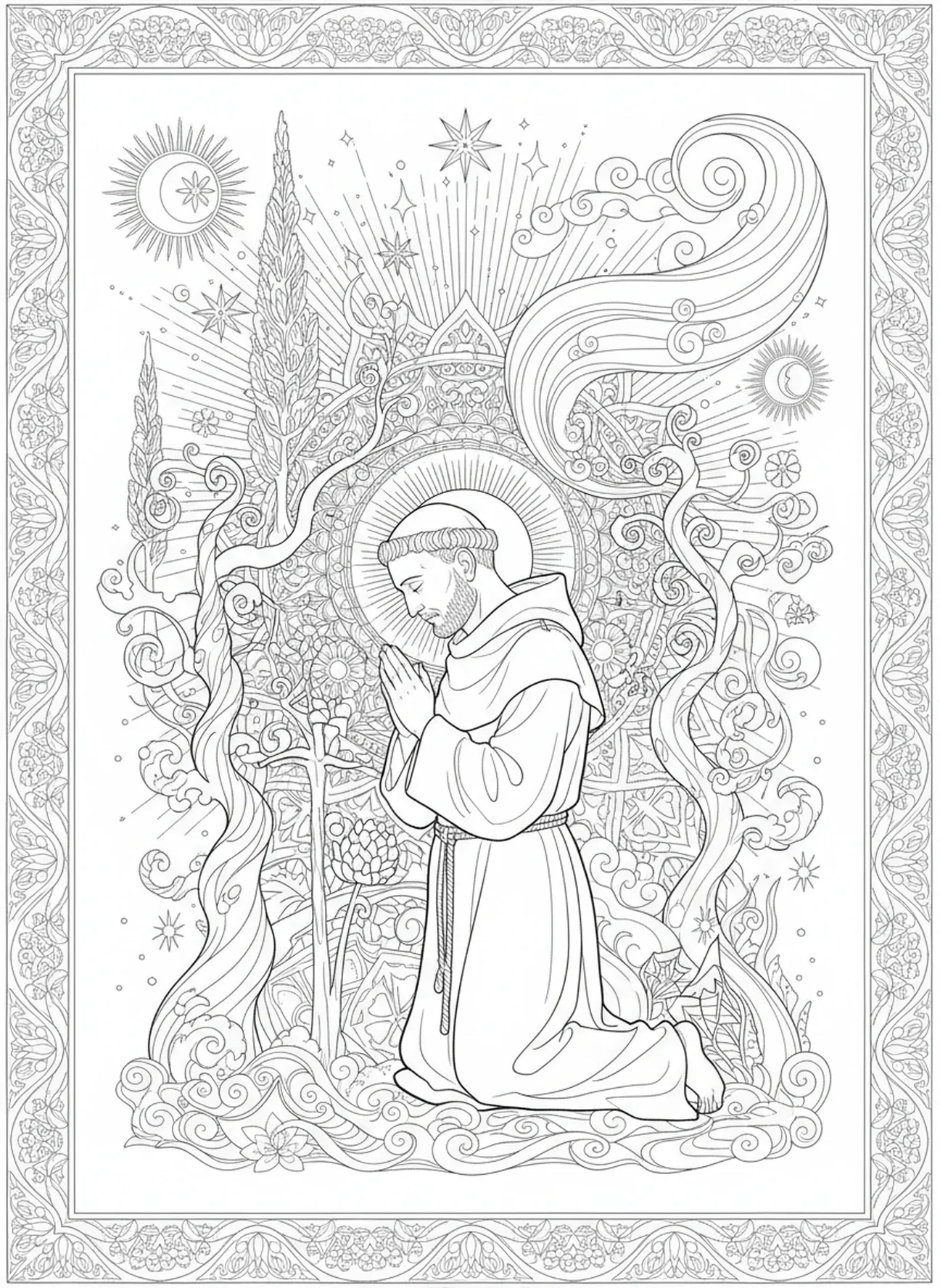 Saint François en prière, page à colorier Saint François d'Assise pour adultes dans un style de journal biblique.