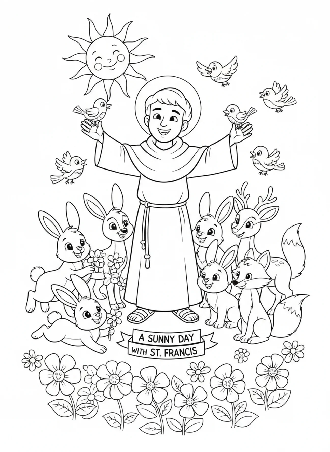 São Francisco com o sol e animais, página para colorir de São Francisco de Assis para crianças de 5 a 10 anos