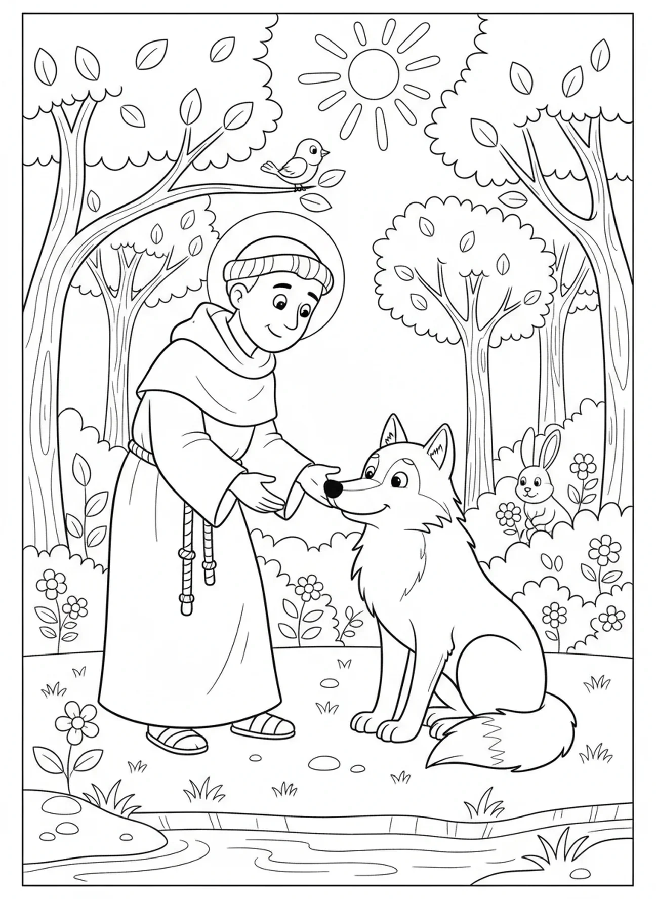 São Francisco com lobo, página para colorir de São Francisco de Assis para crianças de 5 a 10 anos