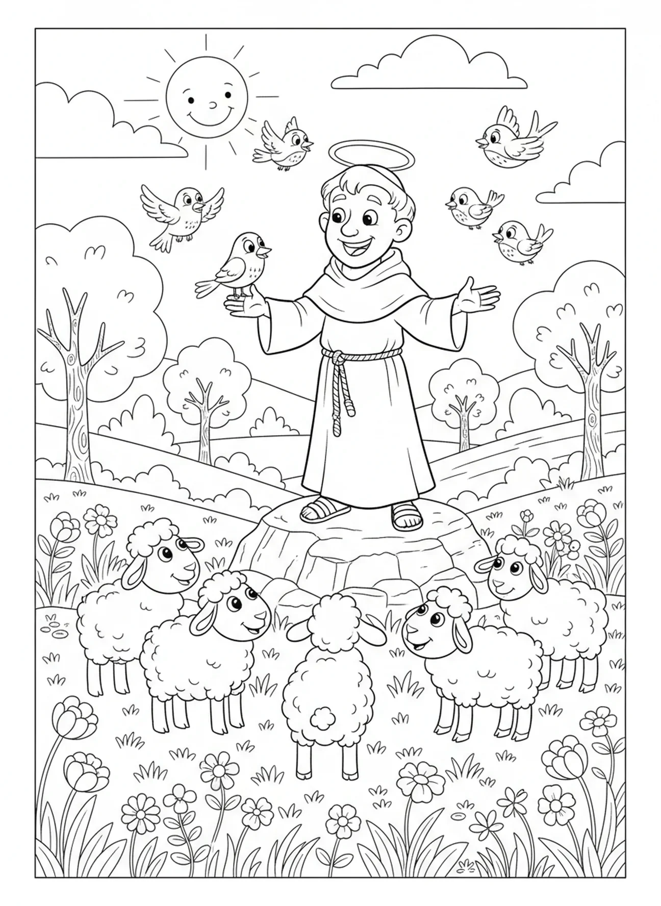 São Francisco pregando para os animais, página para colorir de São Francisco de Assis para crianças de 5 a 10 anos