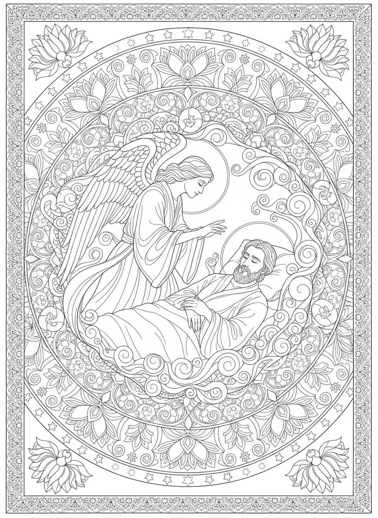 Ángel Gabriel en un sueño, página para colorear de San Gabriel estilo journaling bíblico para adultos