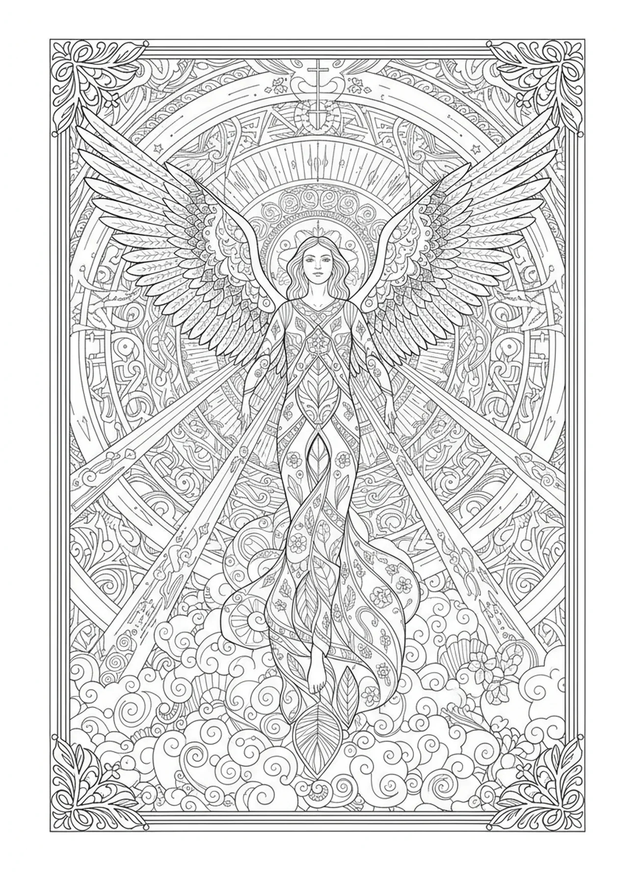 Ángel Gabriel ascendiendo, página para colorear de San Gabriel estilo journaling bíblico para adultos