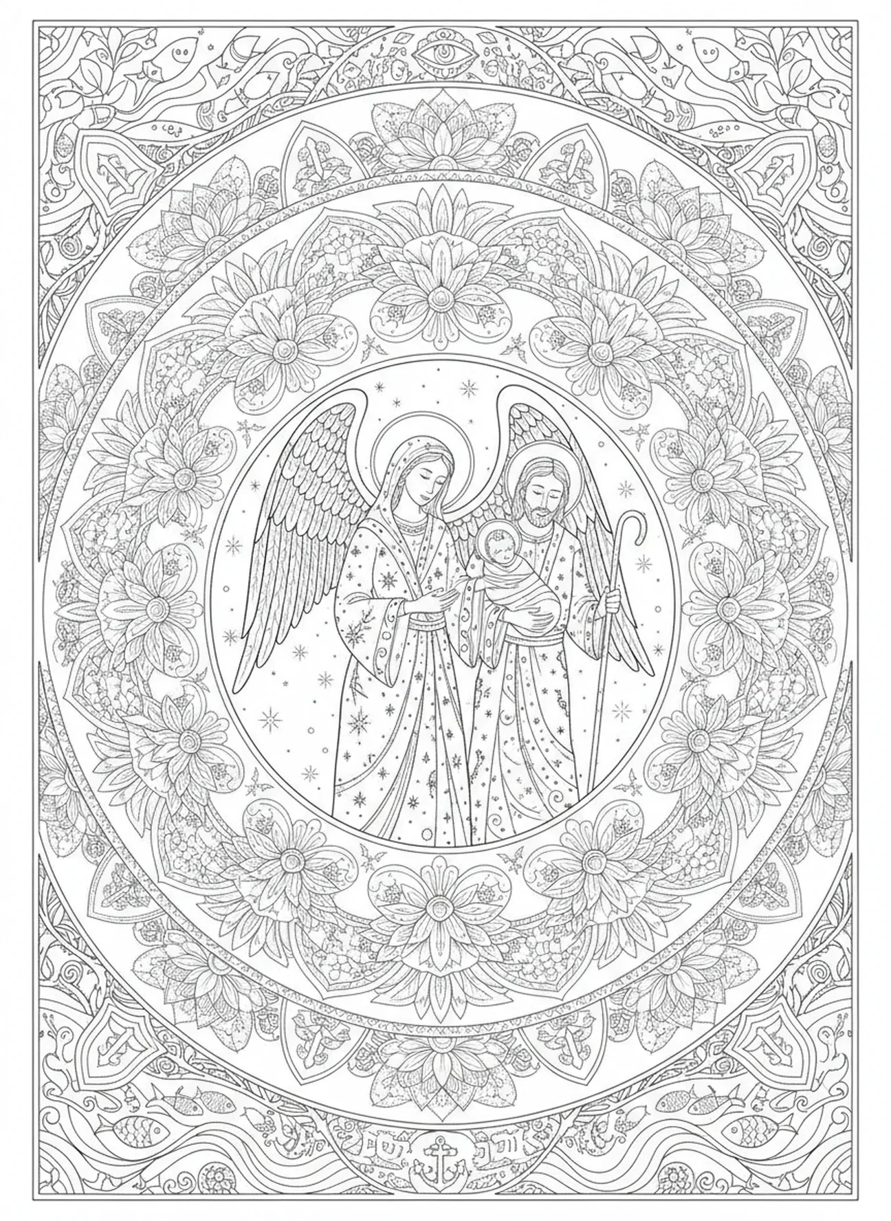 Ángel Gabriel guiando a la familia, página para colorear de San Gabriel en estilo de journaling bíblico para adultos