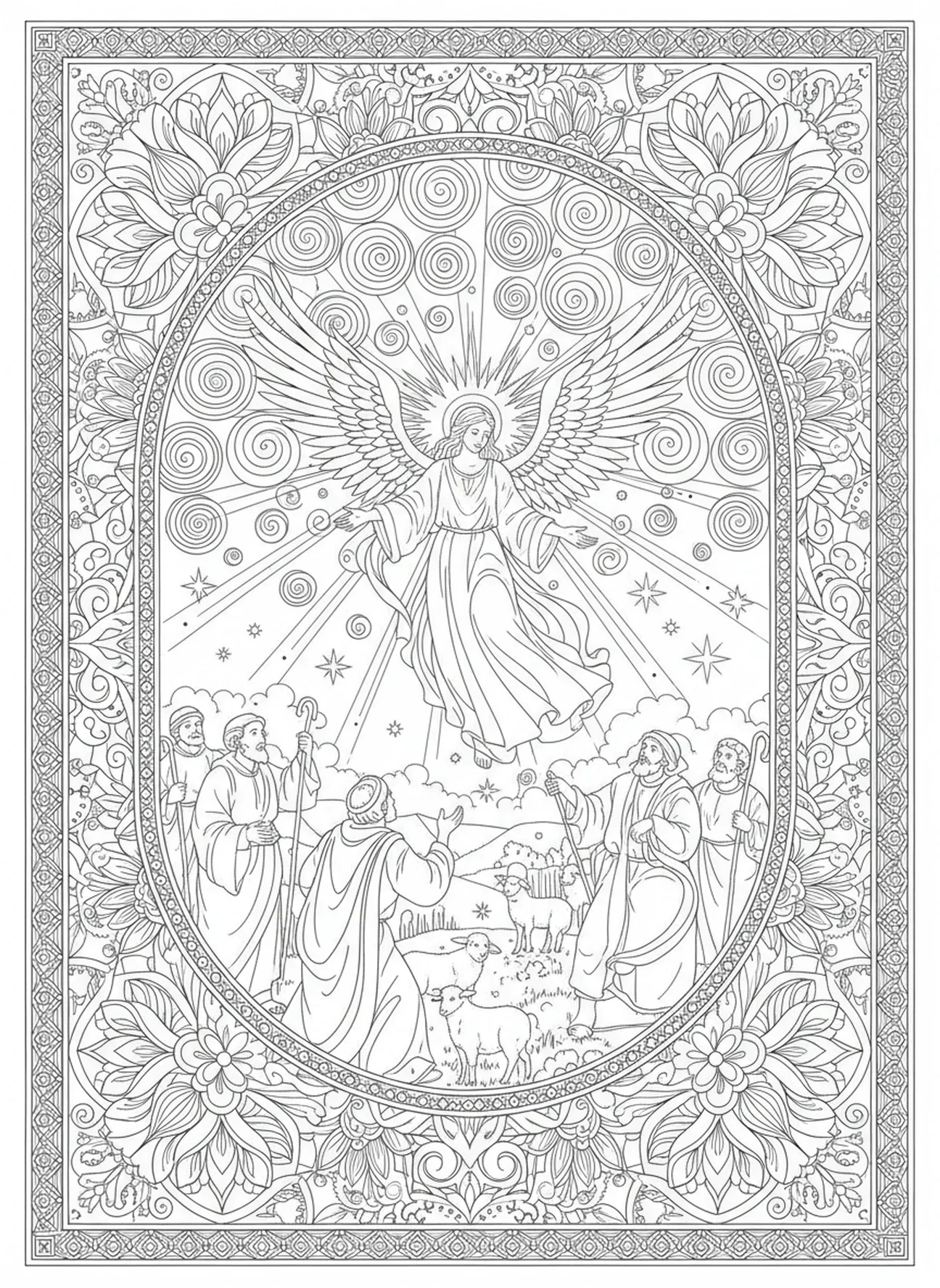 Ángel Gabriel con pastores, página para colorear de San Gabriel en estilo de journaling bíblico para adultos