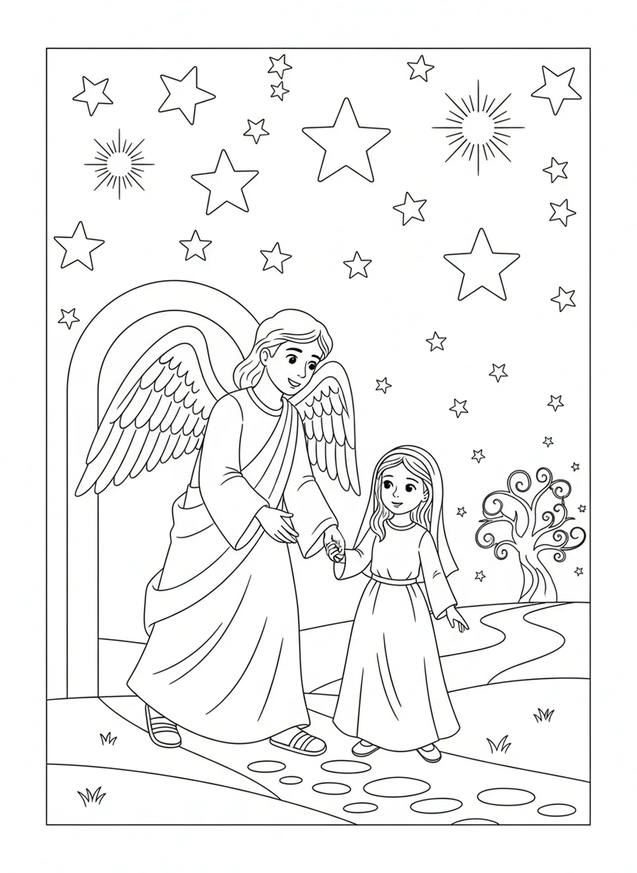 Page à colorier de l'ange gardien, Saint Gabriel, pour les enfants de 5 à 10 ans.