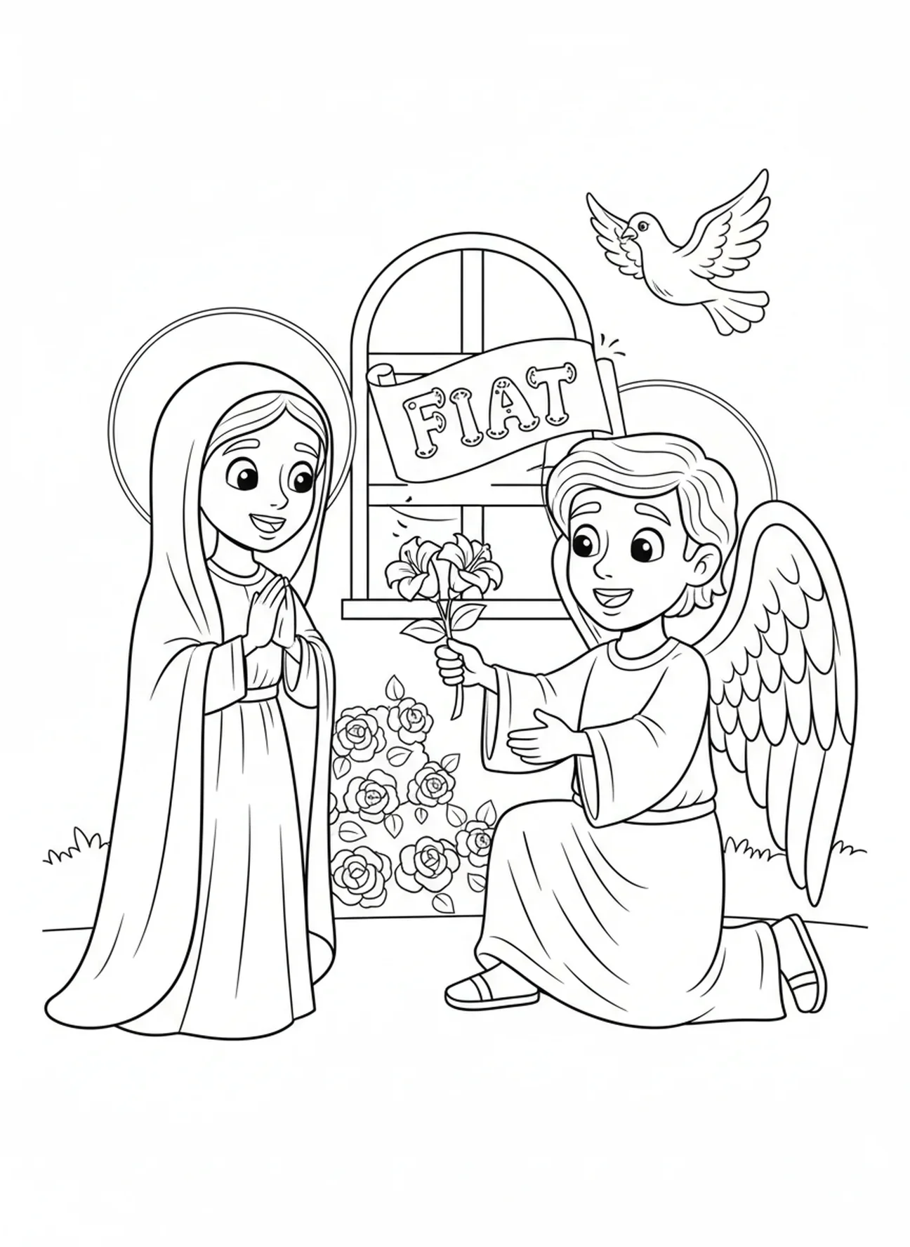 Marie acquiesçant, page à colorier de Saint Gabriel pour les enfants de 5 à 10 ans.