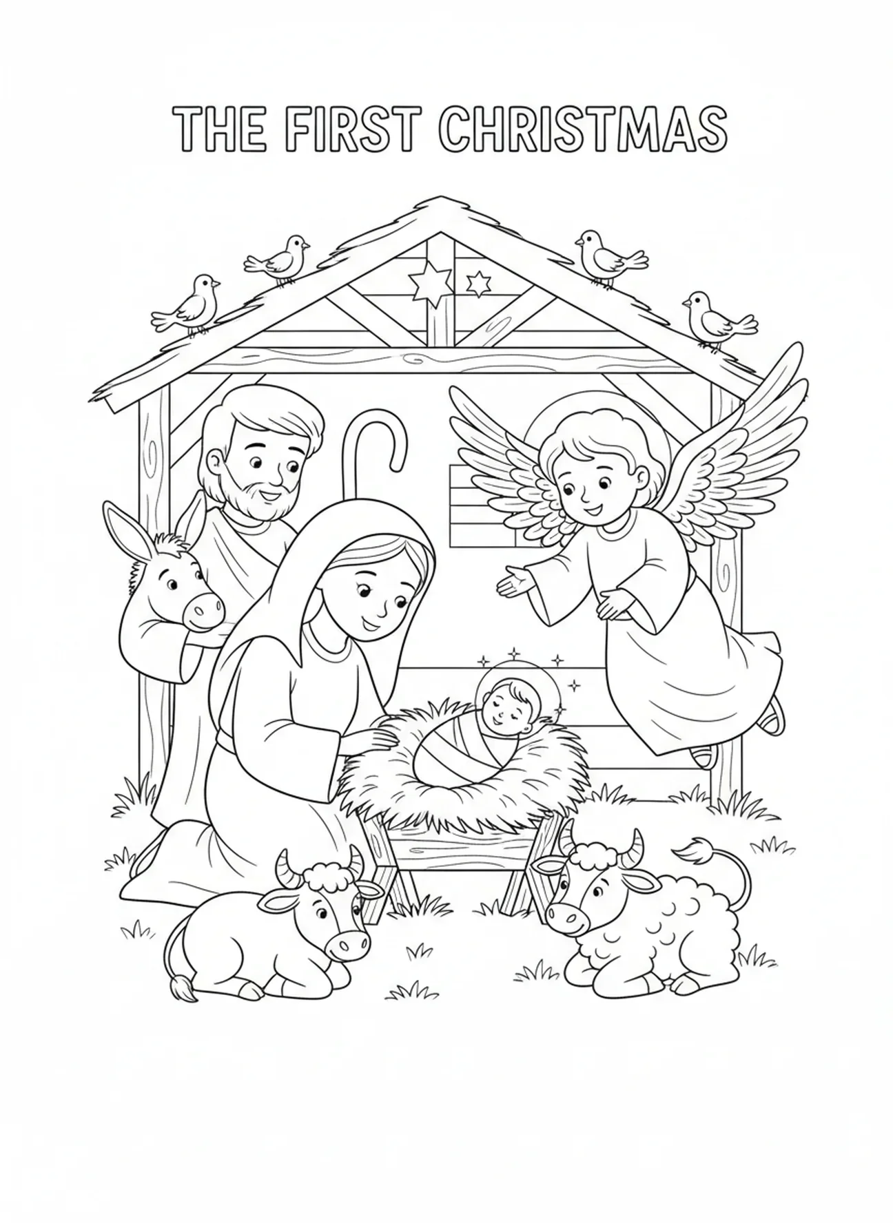 Scène de la Nativité, page à colorier de l'archange Gabriel pour les enfants de 5 à 10 ans.