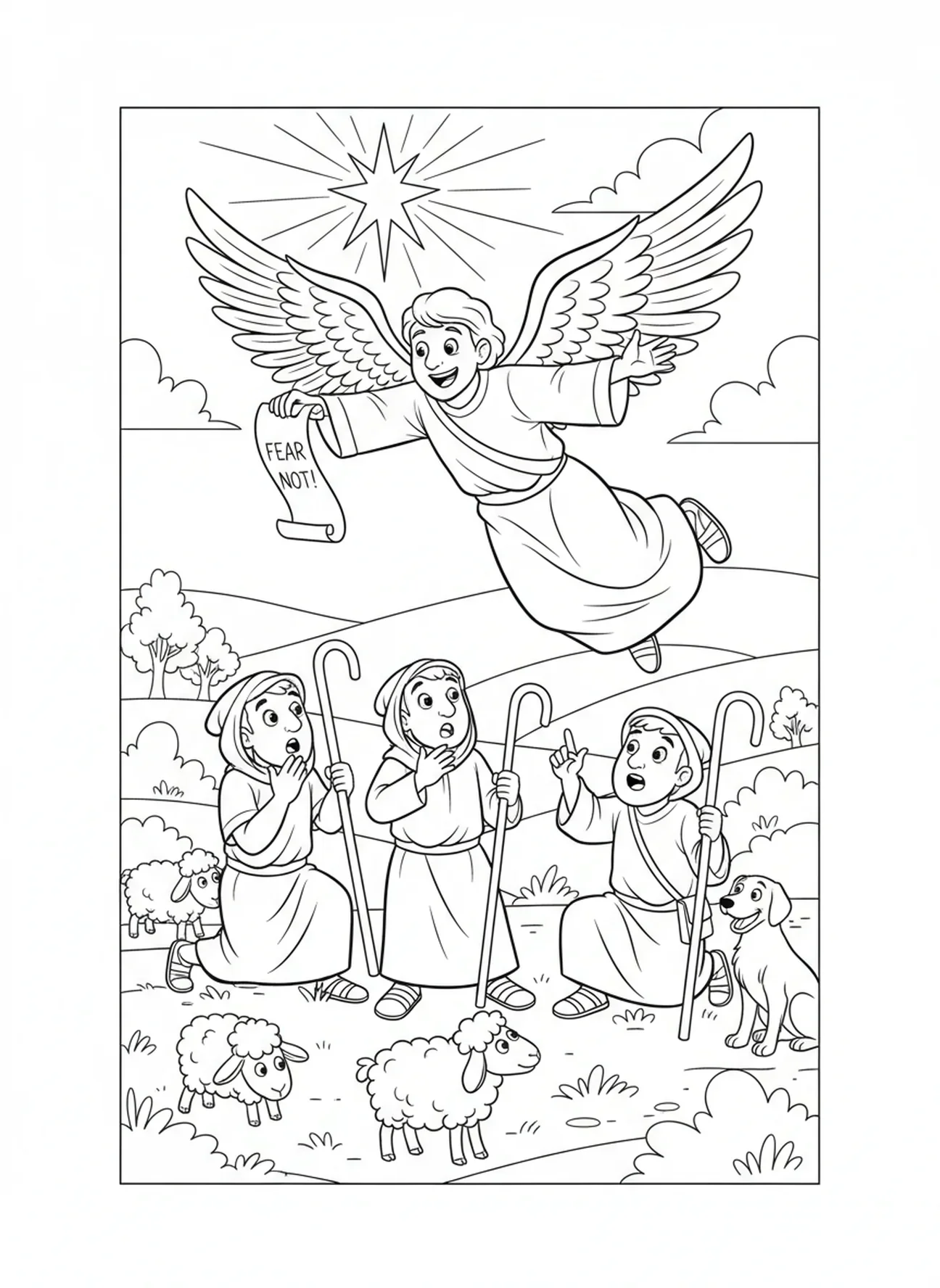 Bergers émerveillés, page à colorier de St Gabriel pour enfants de 5 à 10 ans.
