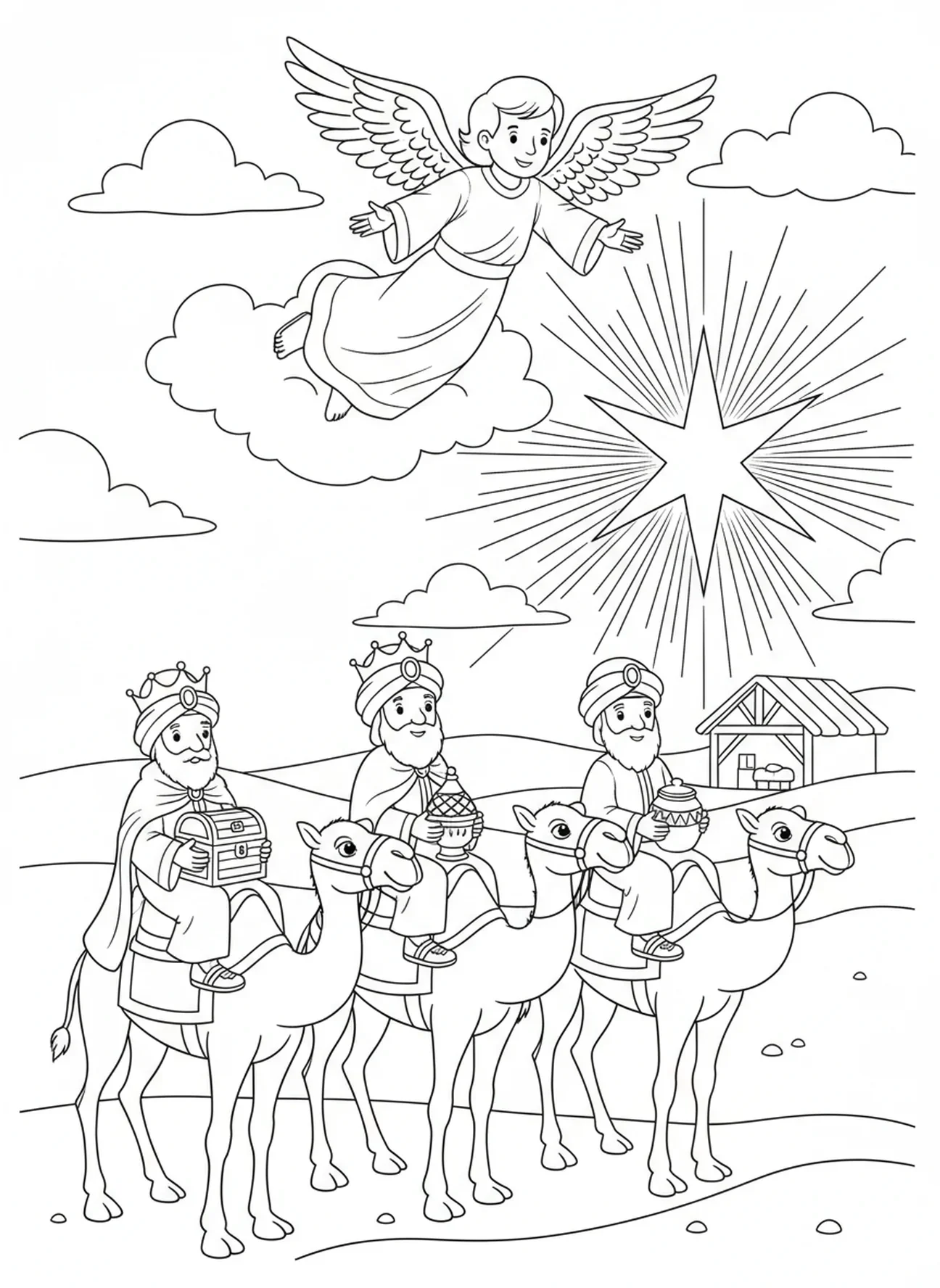 Les rois mages en voyage, page à colorier de Saint Gabriel pour les enfants de 5 à 10 ans.