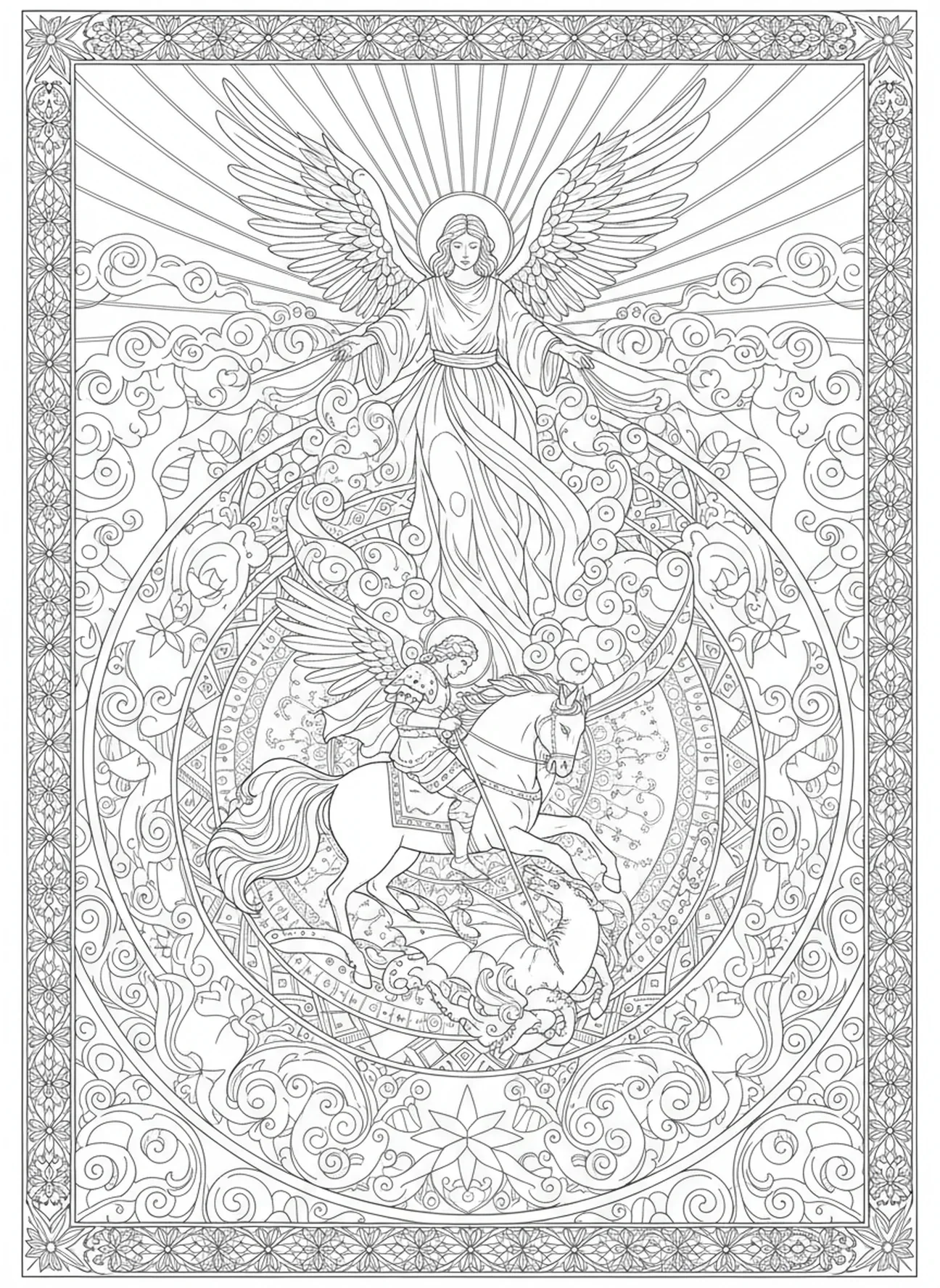 Un ange guidant Saint Georges, page à colorier Saint Georges pour adultes dans un style de journal biblique.