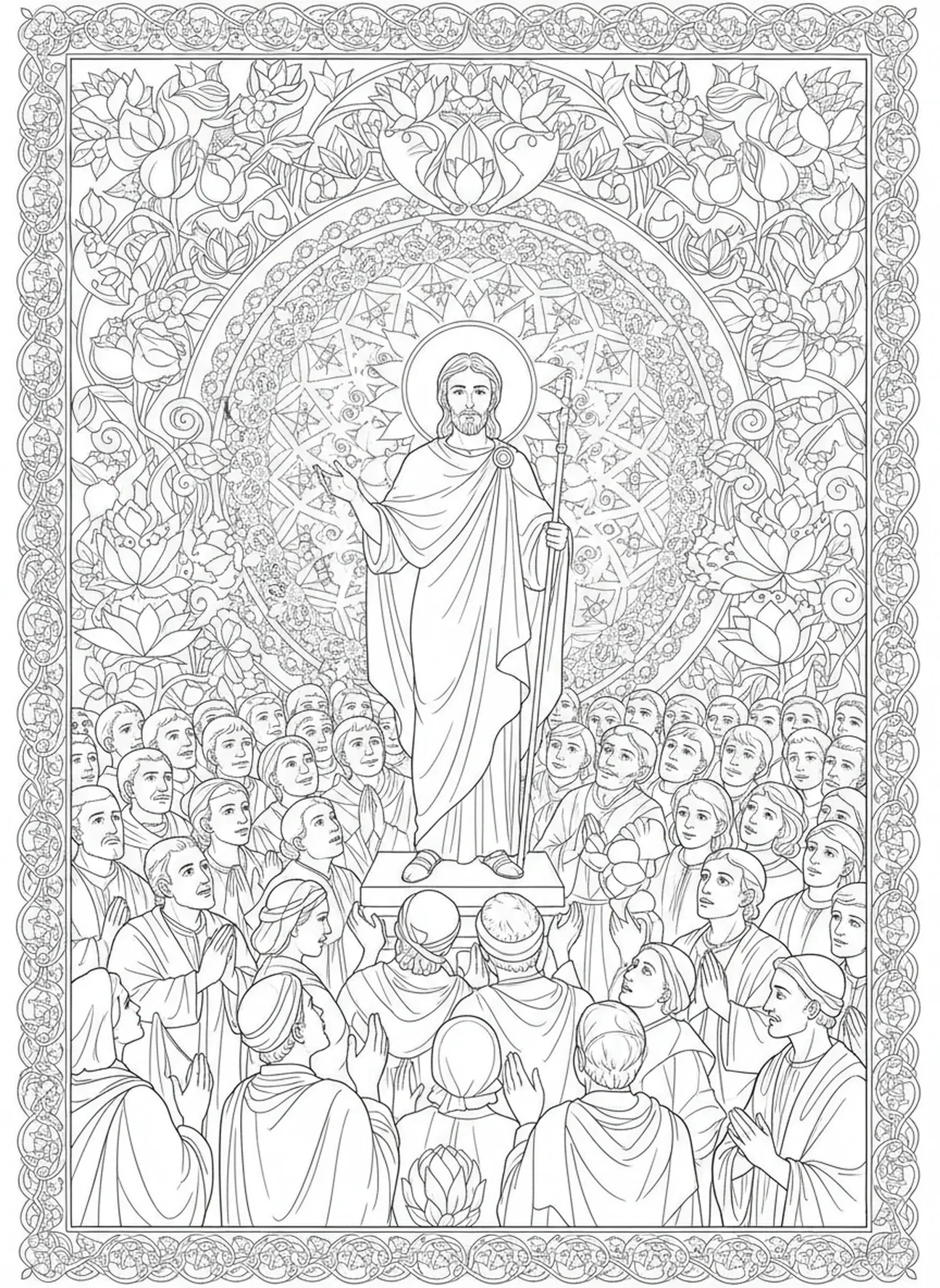 Saint Georges parlant à la foule, page à colorier Saint Georges pour adultes dans un style de journal biblique.