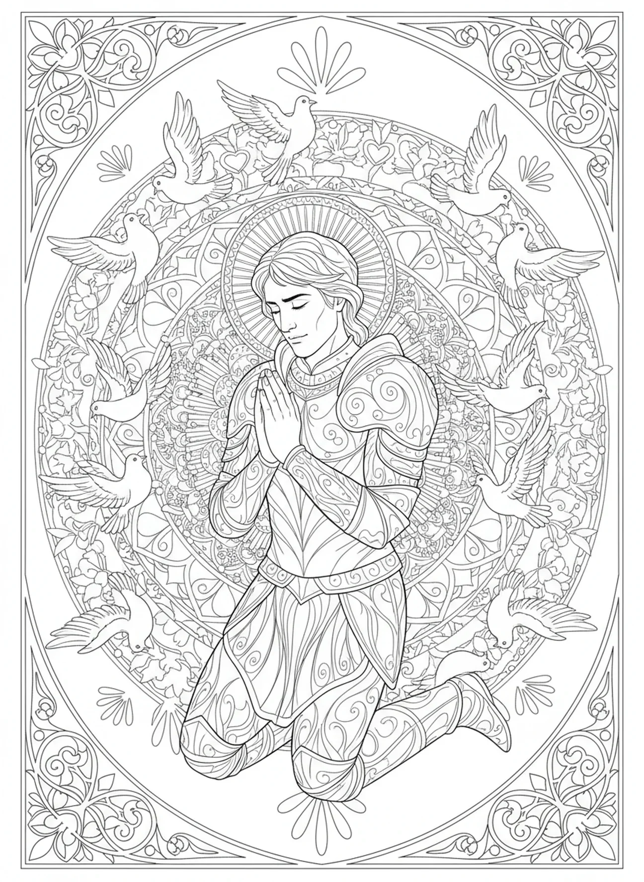 Saint Georges à genoux en prière, page à colorier Saint Georges pour adultes dans un style de journal biblique.