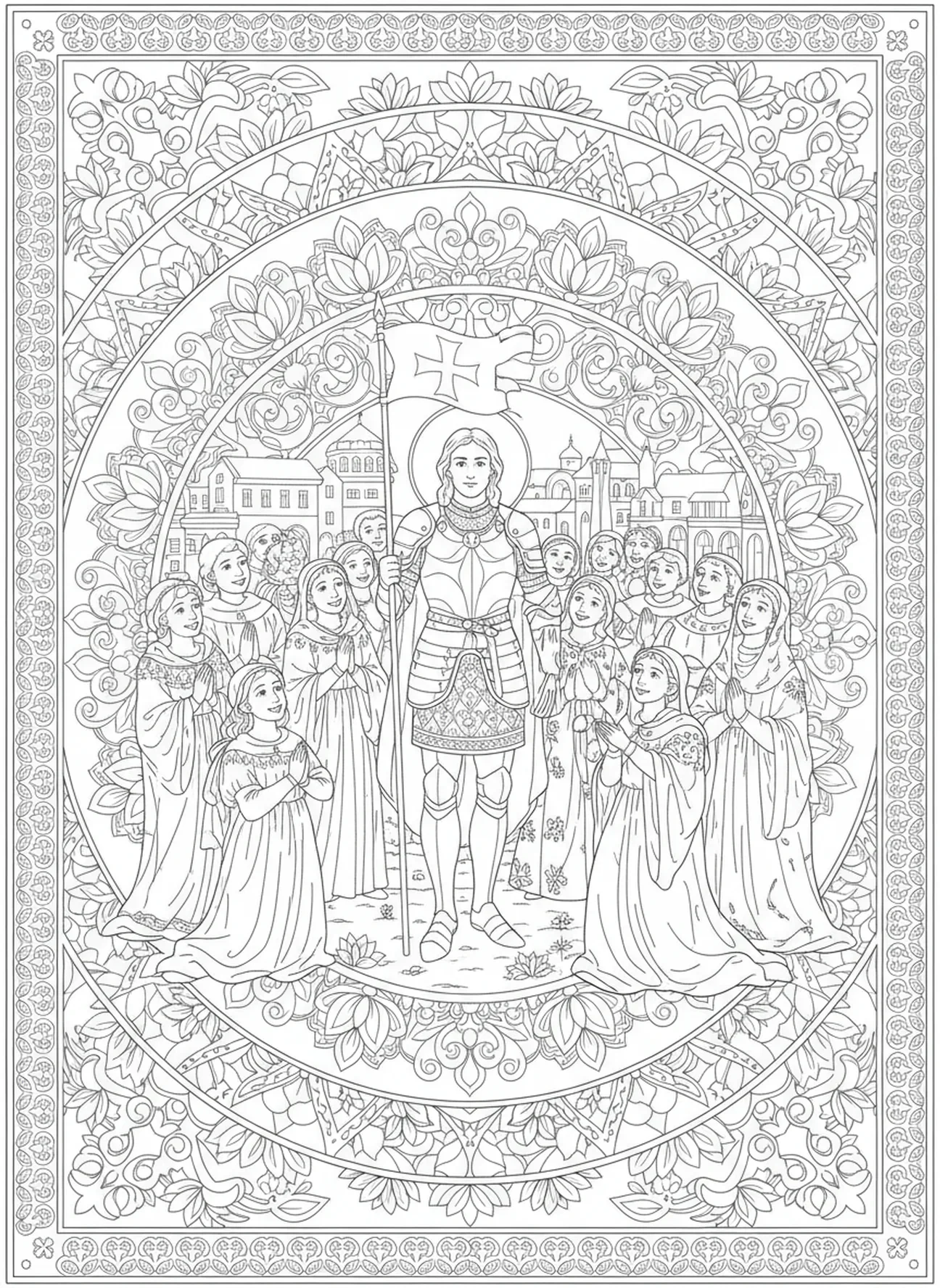 Habitants joyeux, page à colorier de Saint Georges dans un style de journal biblique pour adultes.