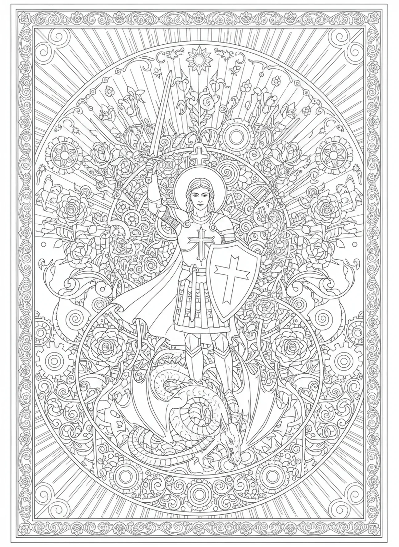 Saint Georges levant son épée, page à colorier Saint Georges pour adultes dans le style du journal biblique.