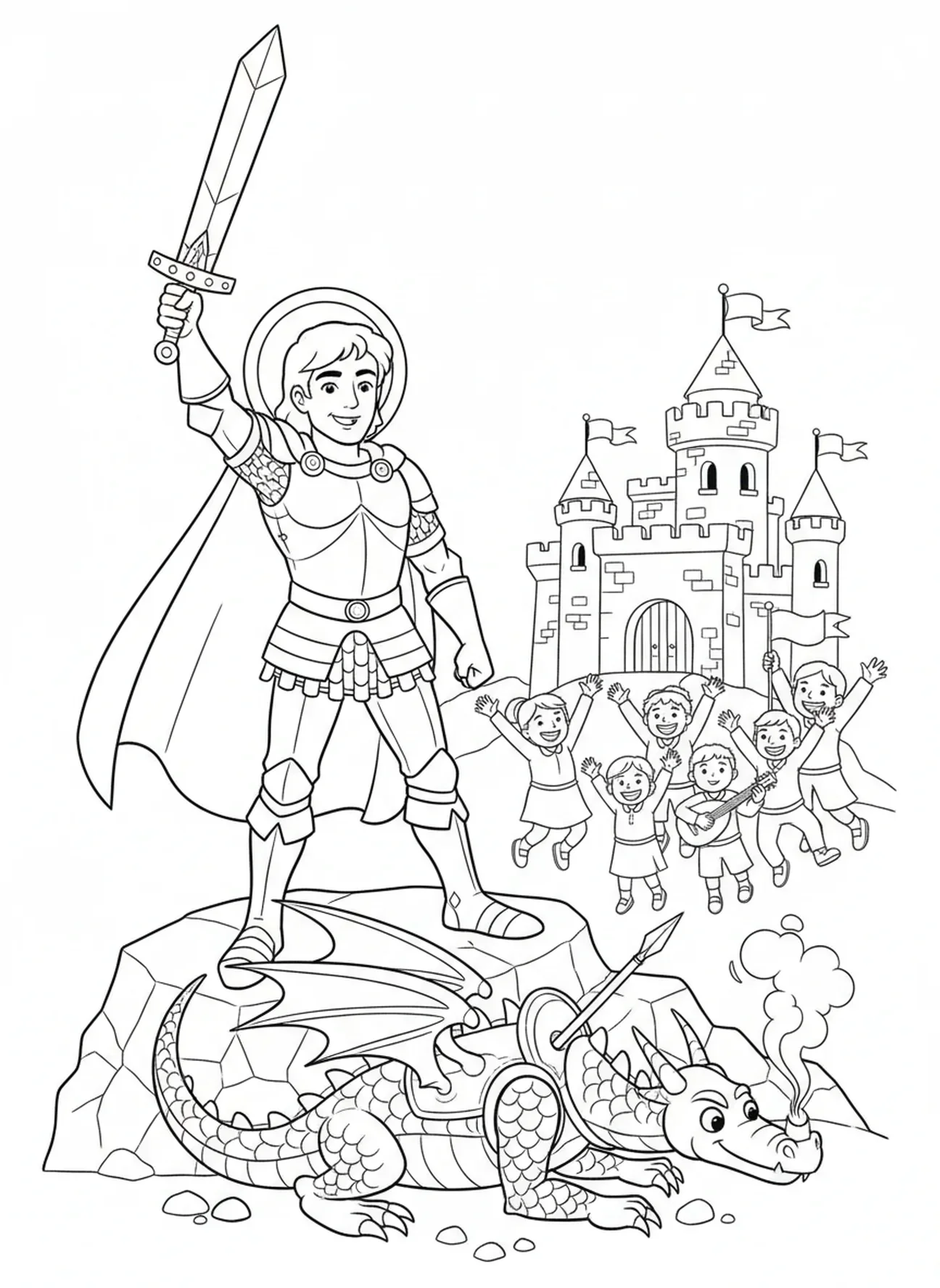 Saint Georges célébrant la victoire, page à colorier Saint Georges pour enfants de 5 à 10 ans