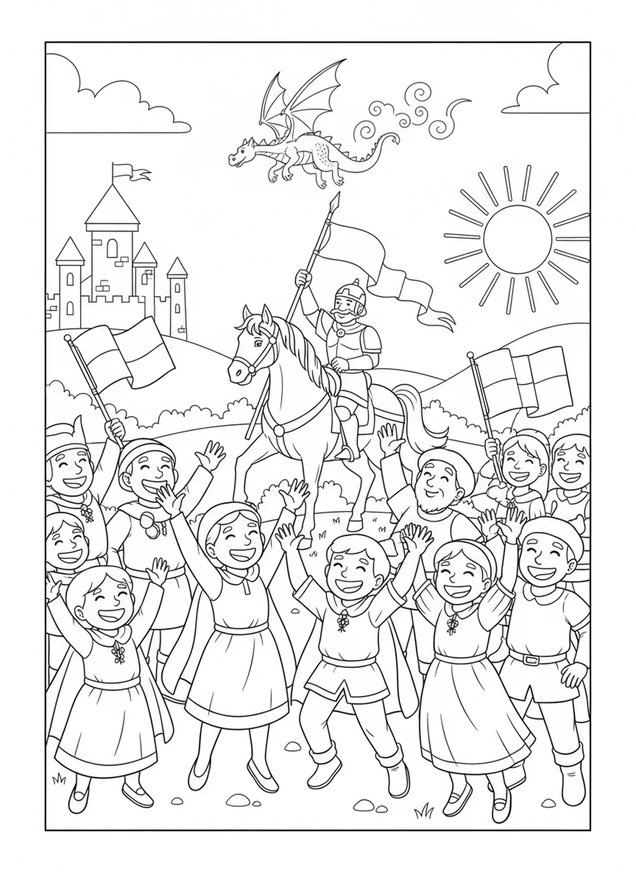 Villageois acclamant Saint Georges, page à colorier Saint Georges pour enfants de 5 à 10 ans
