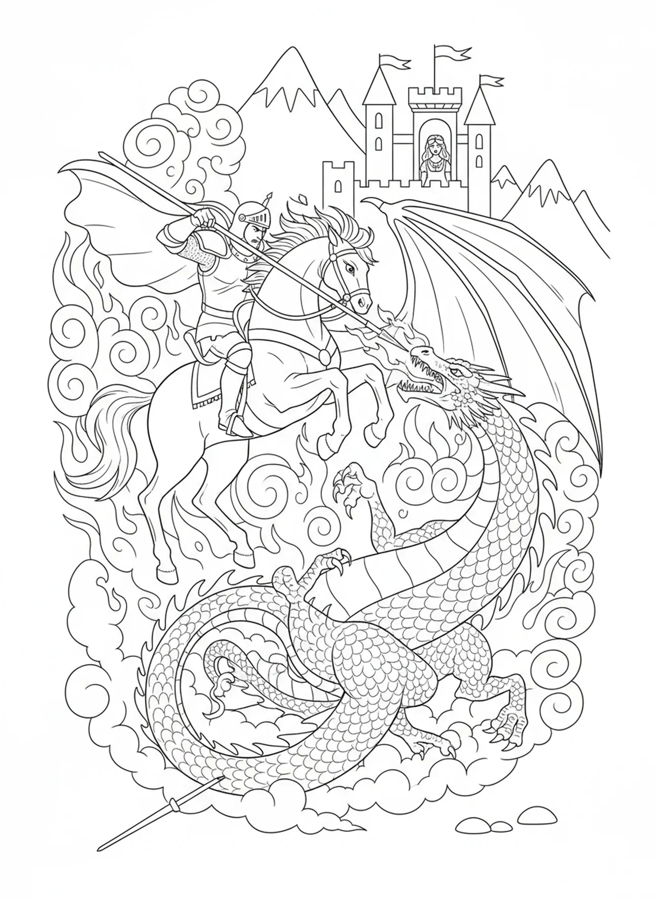 Saint Georges combattant le dragon avec du feu, page à colorier Saint Georges pour les enfants de 5 à 10 ans