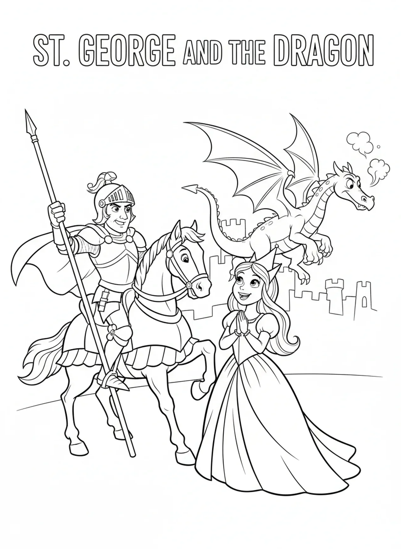 Saint Georges sauvant la princesse, page à colorier Saint Georges pour enfants de 5 à 10 ans