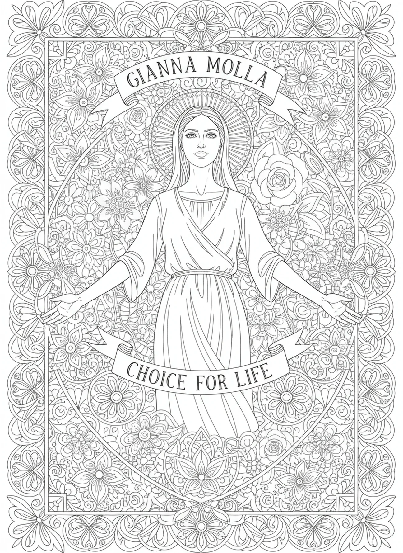 Gianna Molla faisant un choix pour la vie, page à colorier de Sainte Gianna Molla pour adultes dans un style de journal biblique