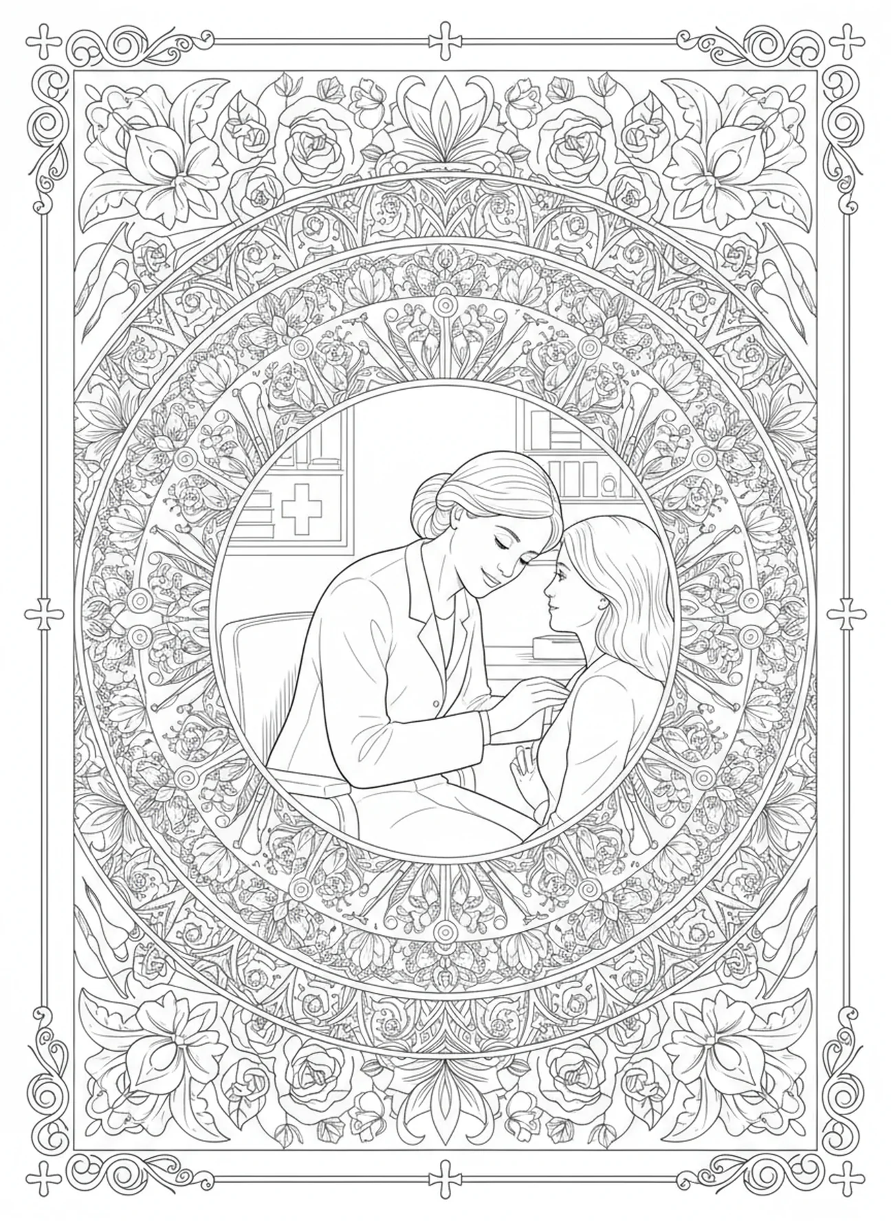 Dr. Gianna Molla examinant un patient, page à colorier de Sainte Gianna Molla pour adultes dans un style de journal biblique