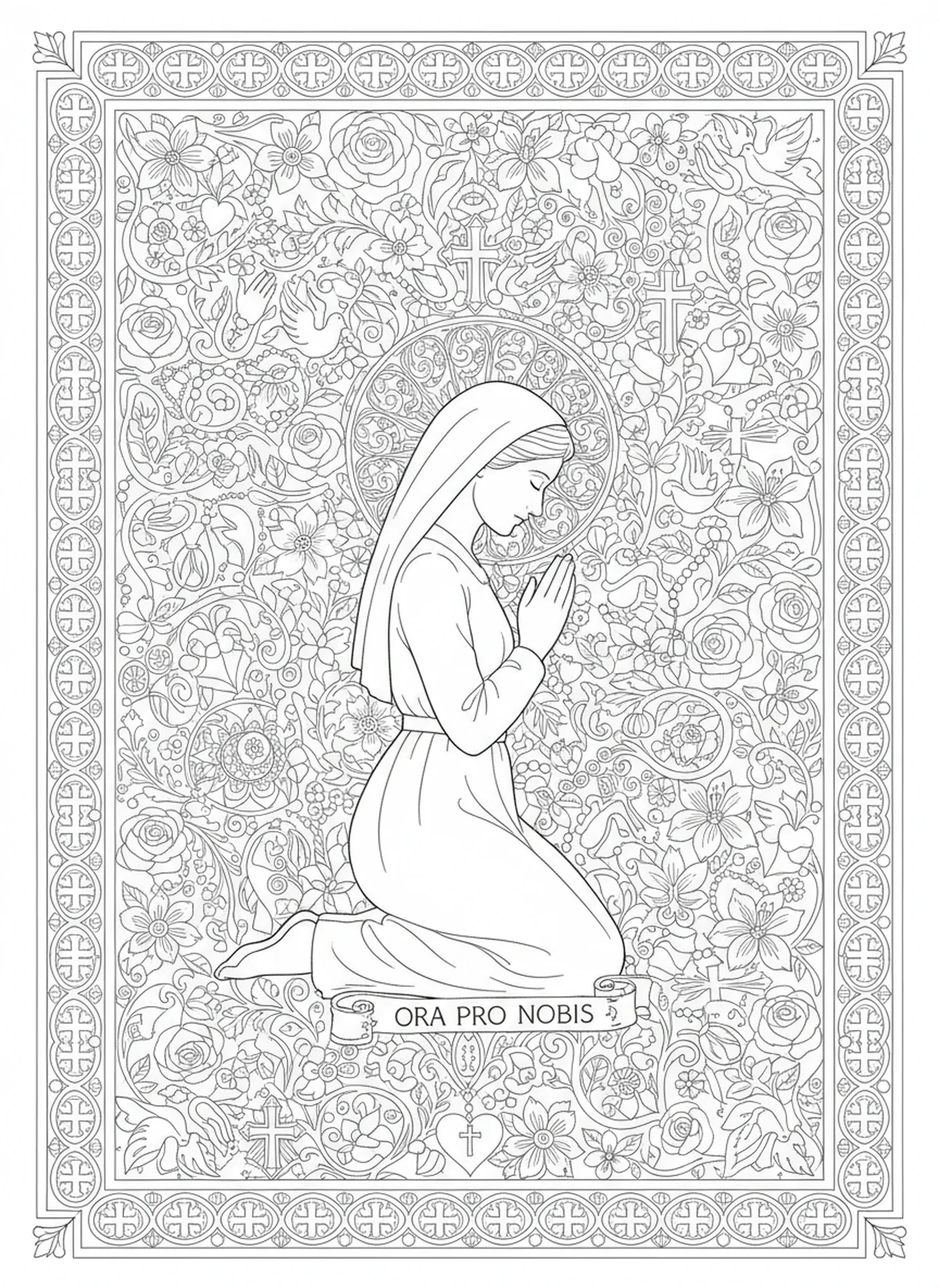 Gianna Molla à genoux en prière, page à colorier de Sainte Gianna Molla pour adultes dans le style du journal biblique