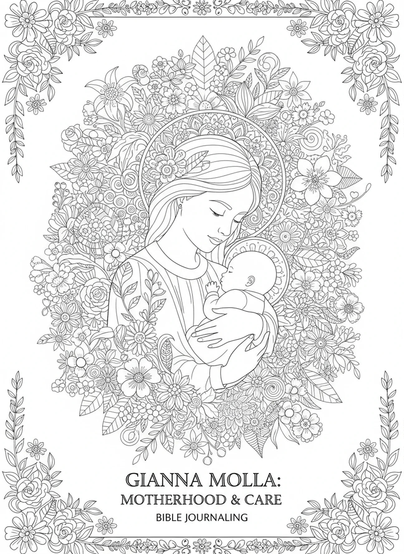 Gianna Molla tenant son bébé, page à colorier de Sainte Gianna Molla pour adultes dans un style de journal biblique