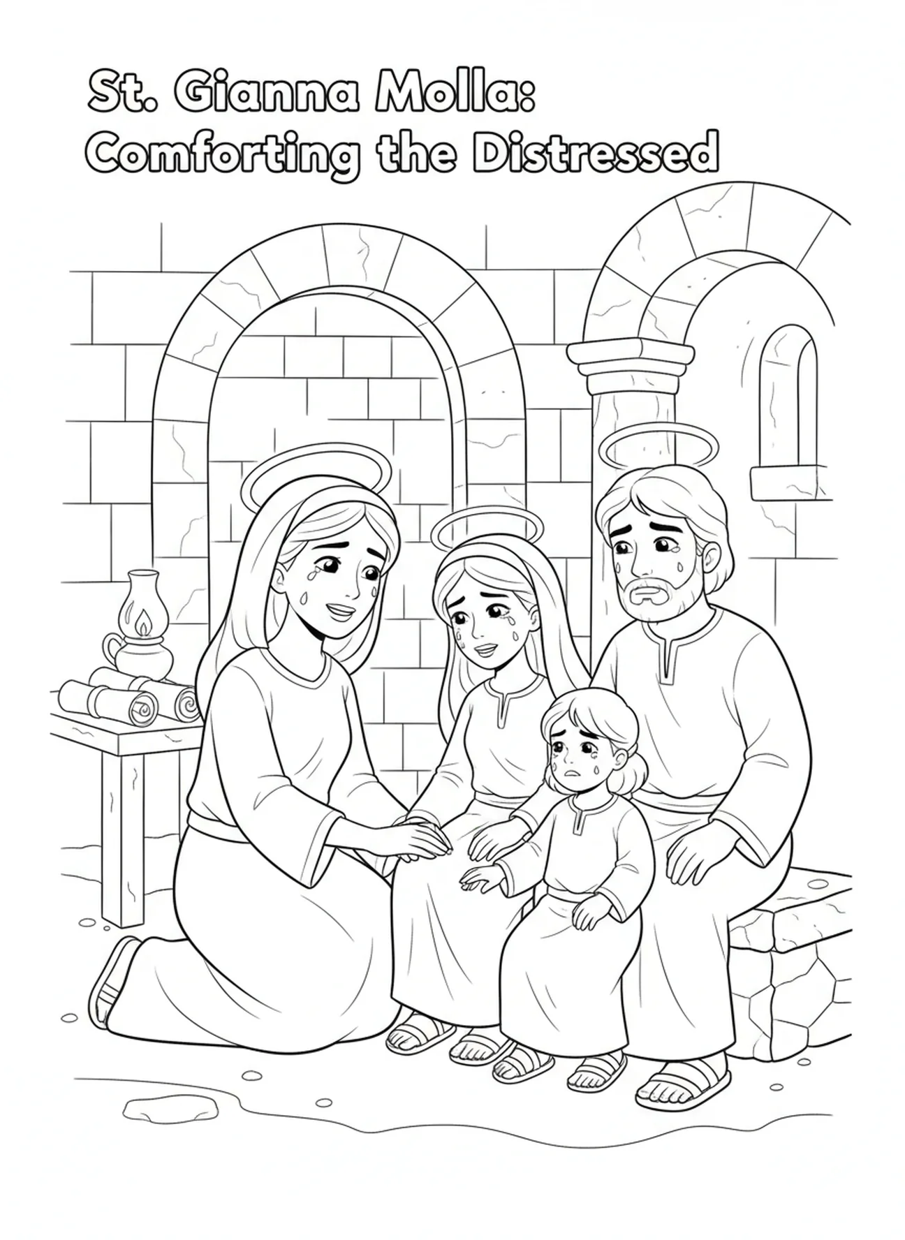 Sainte Gianna Molla réconfortant une famille, page à colorier Sainte Gianna Molla pour les enfants de l'École du dimanche âgés de 5 à 12 ans.