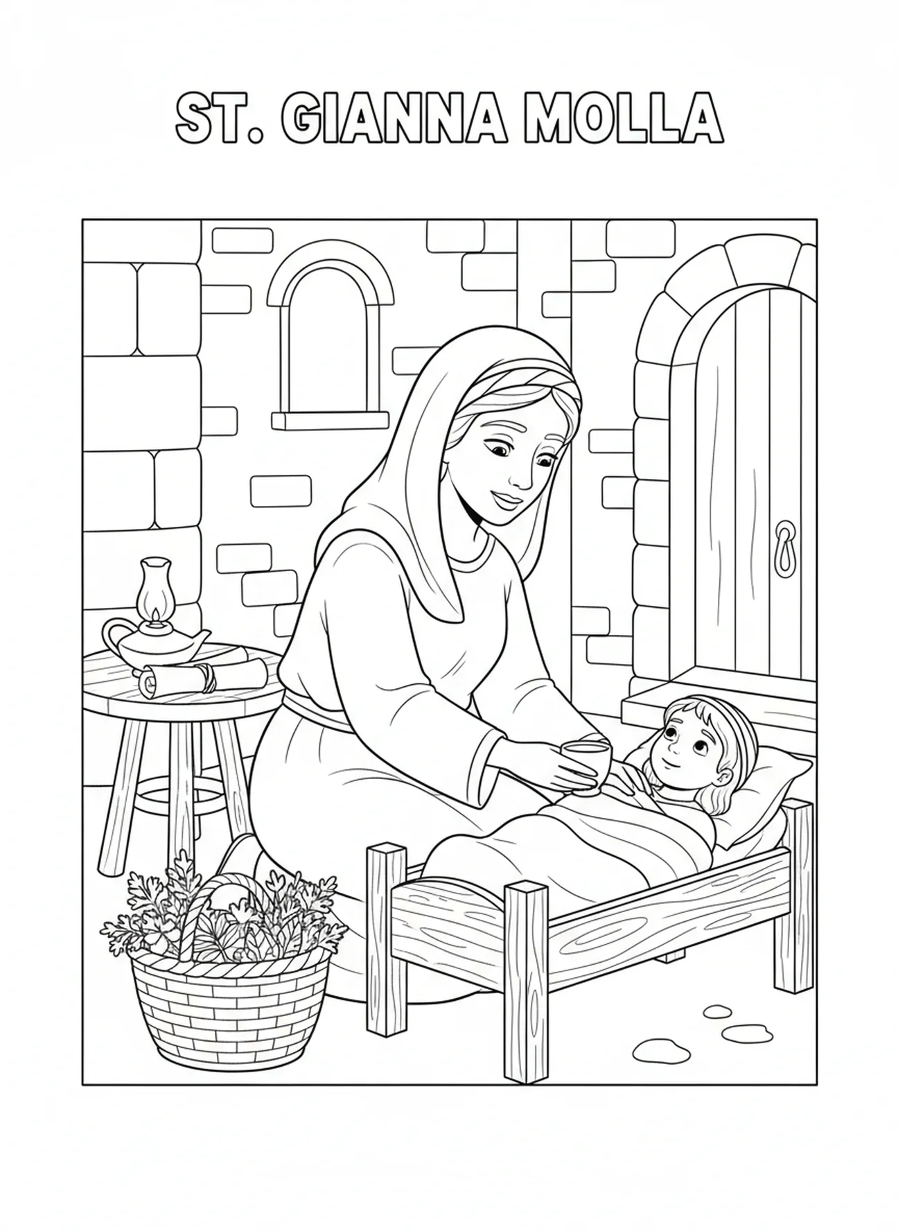 Sainte Gianna Molla s'occupant d'un enfant, page à colorier de Sainte Gianna Molla pour les enfants de l'École du dimanche âgés de 5 à 12 ans.